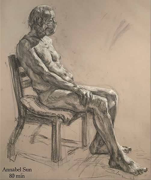 Sketch of a shirtless man sitting on a chair wearing a mask