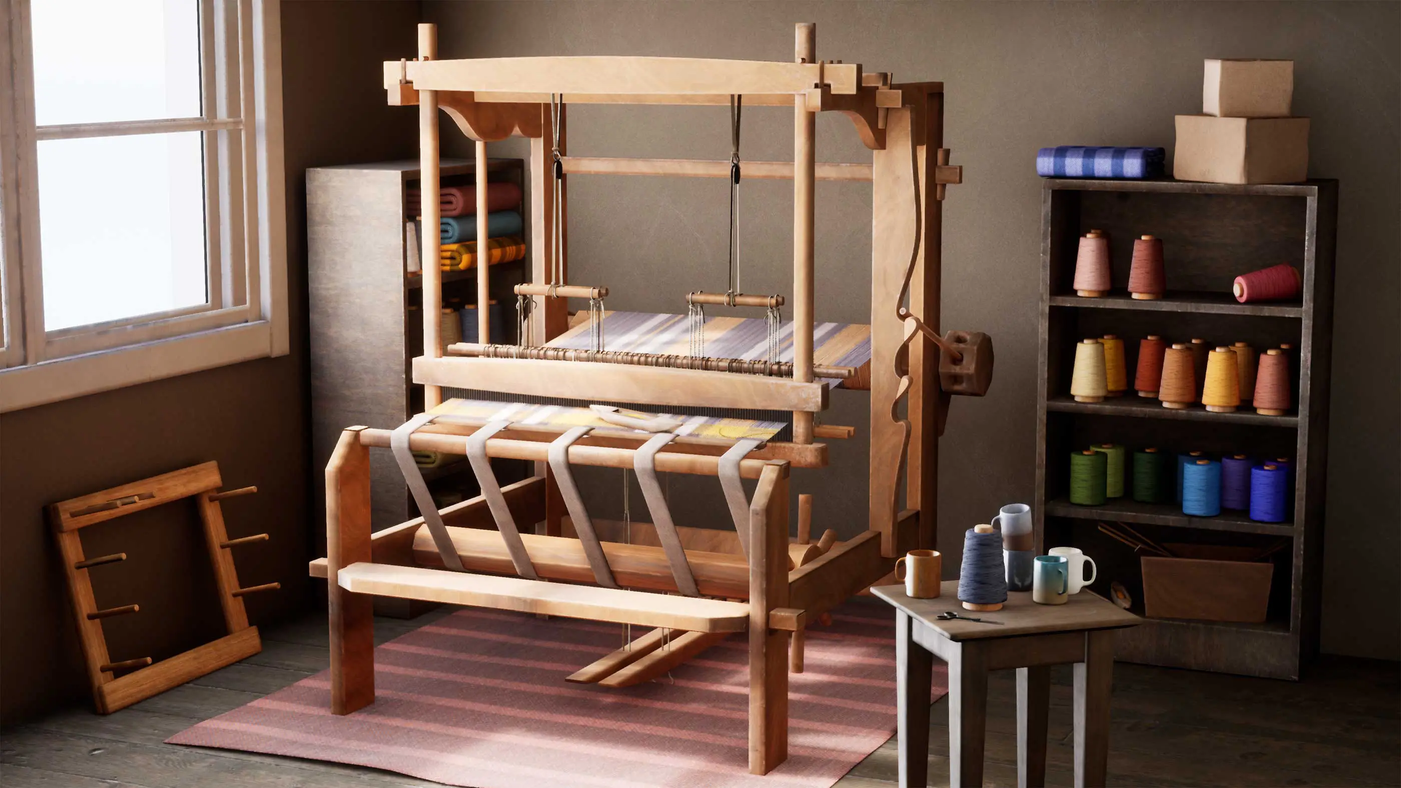 3D model of a loom along with various different colors of thread.