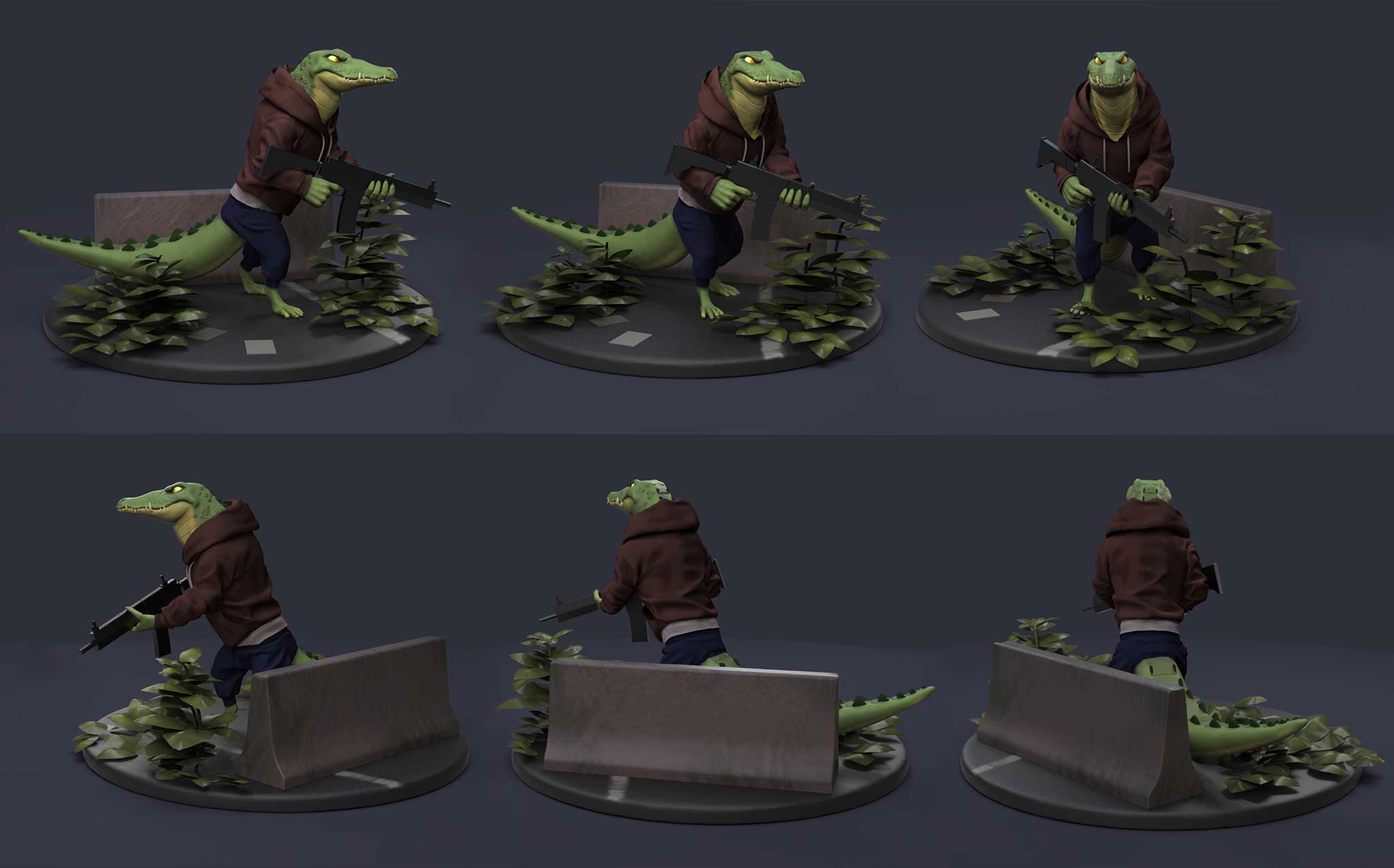 Model of a bipedal crocodile character holding a gun.