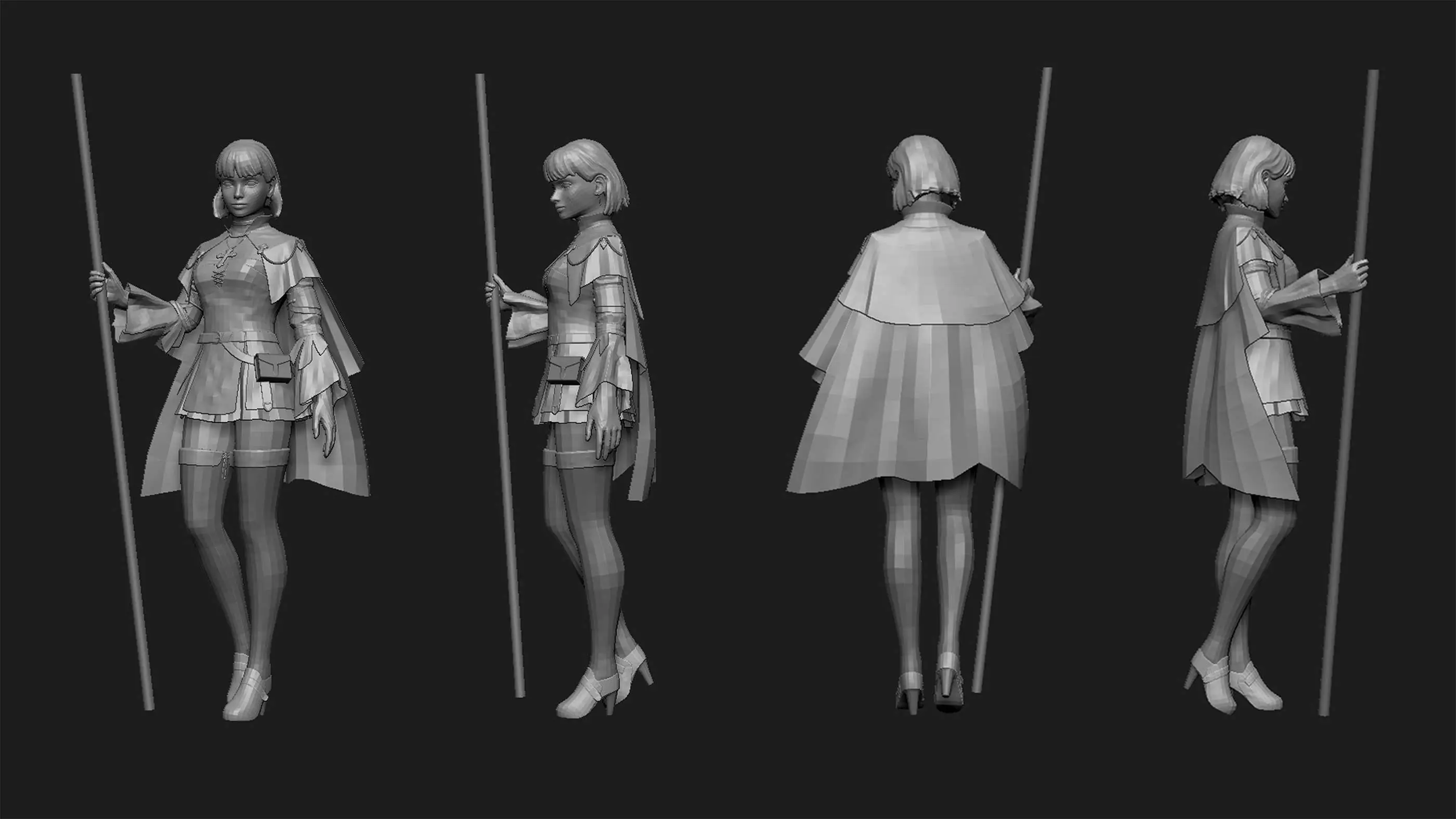 Different angles of a 3D model of a girl wearing fantasy clothing.