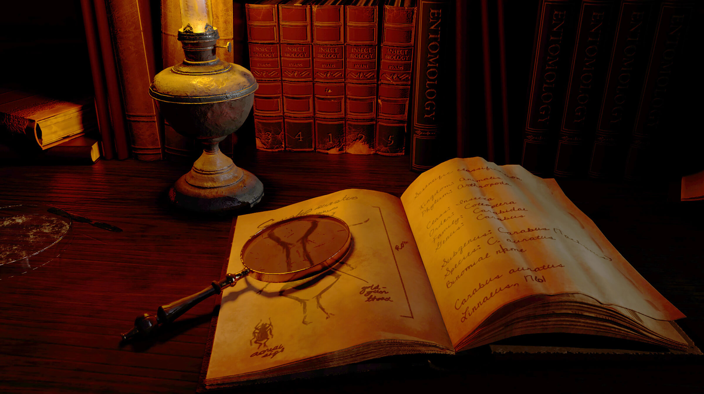 A book with a magnifying glass lying on top of it, lit by a lantern