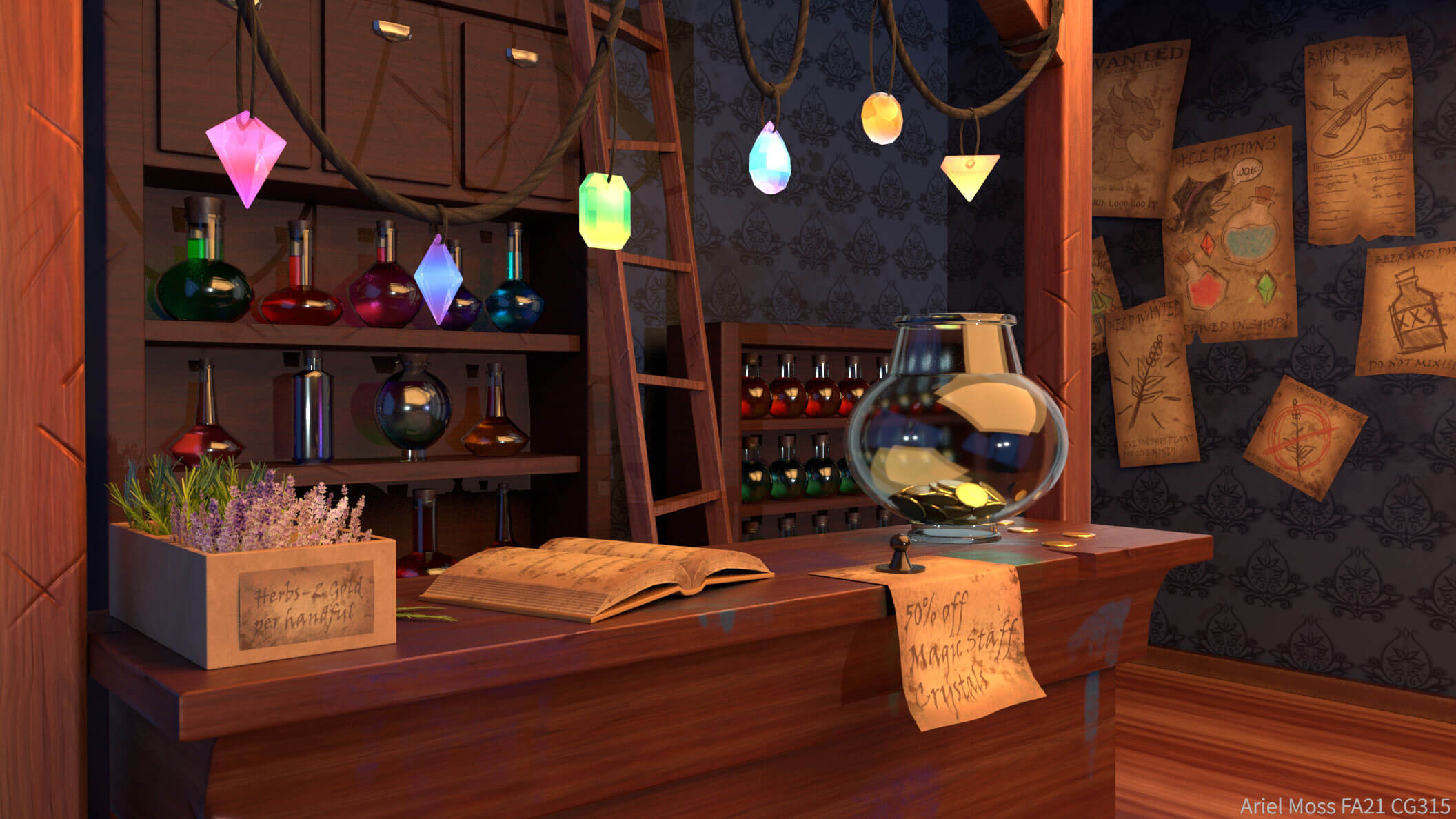 Interior of a magical potion shop viewing a front counter.
