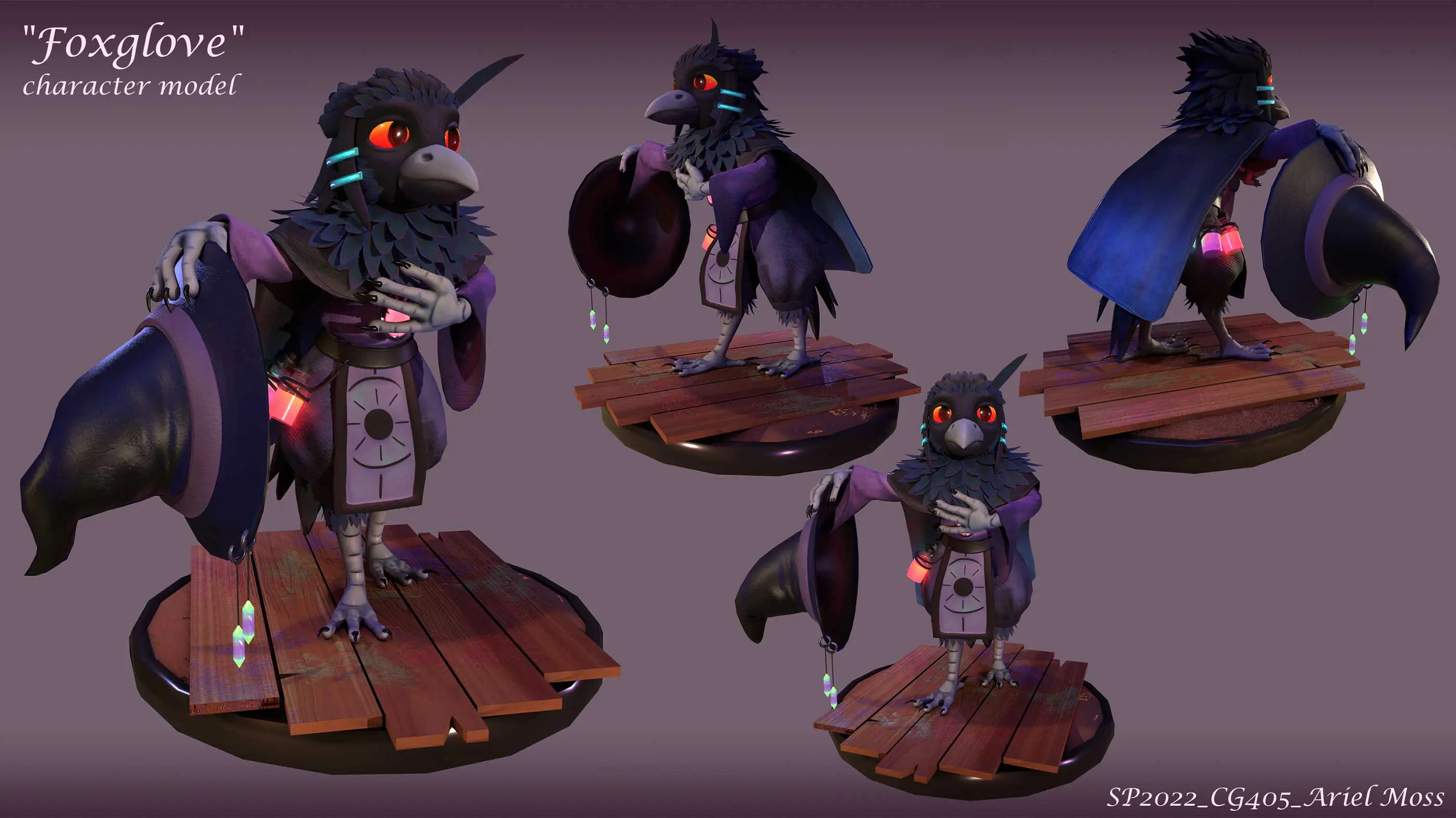 A 3D render of a black bird wearing wizard's clothing.