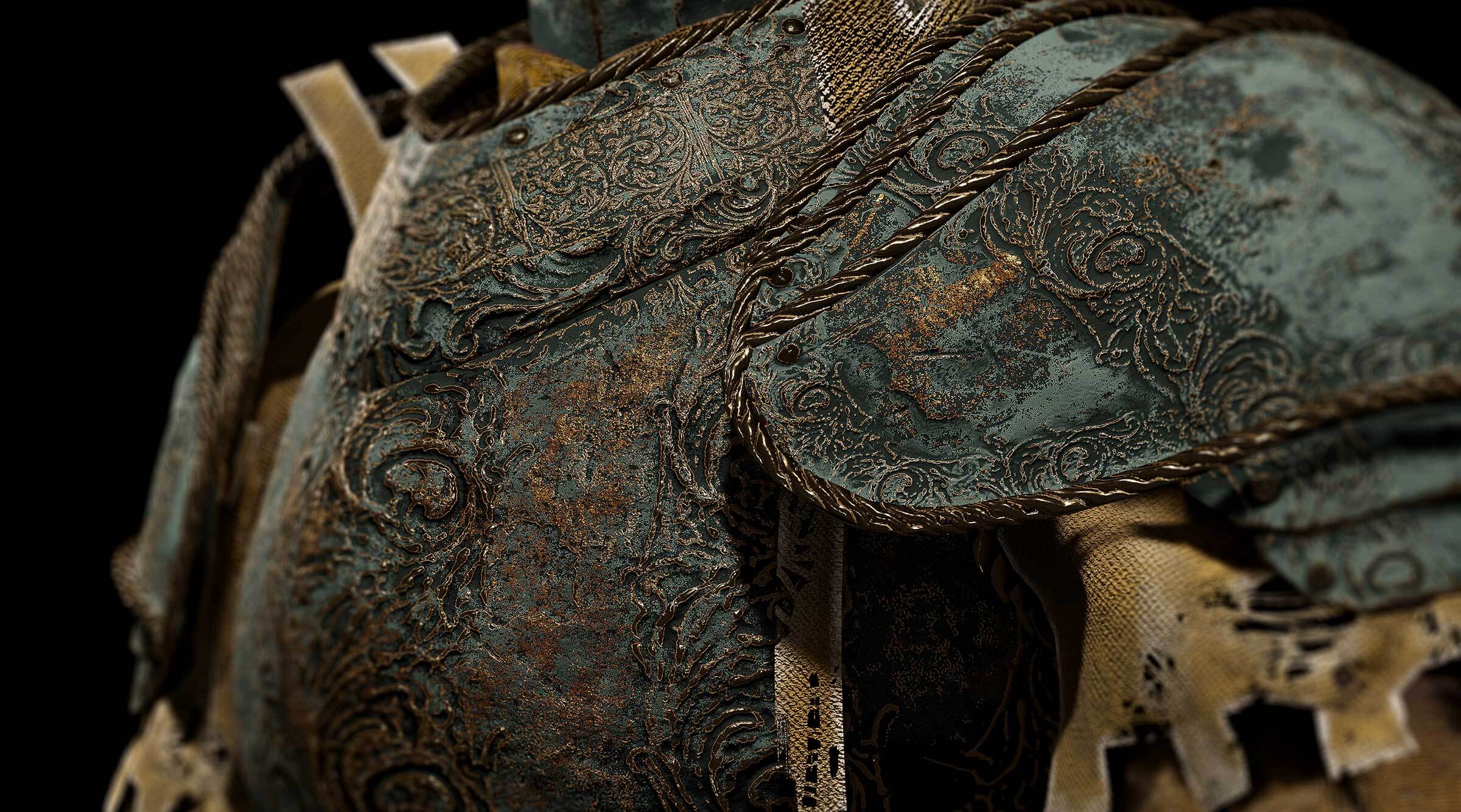 A closer look at the intricate details on the armor of a paladin.