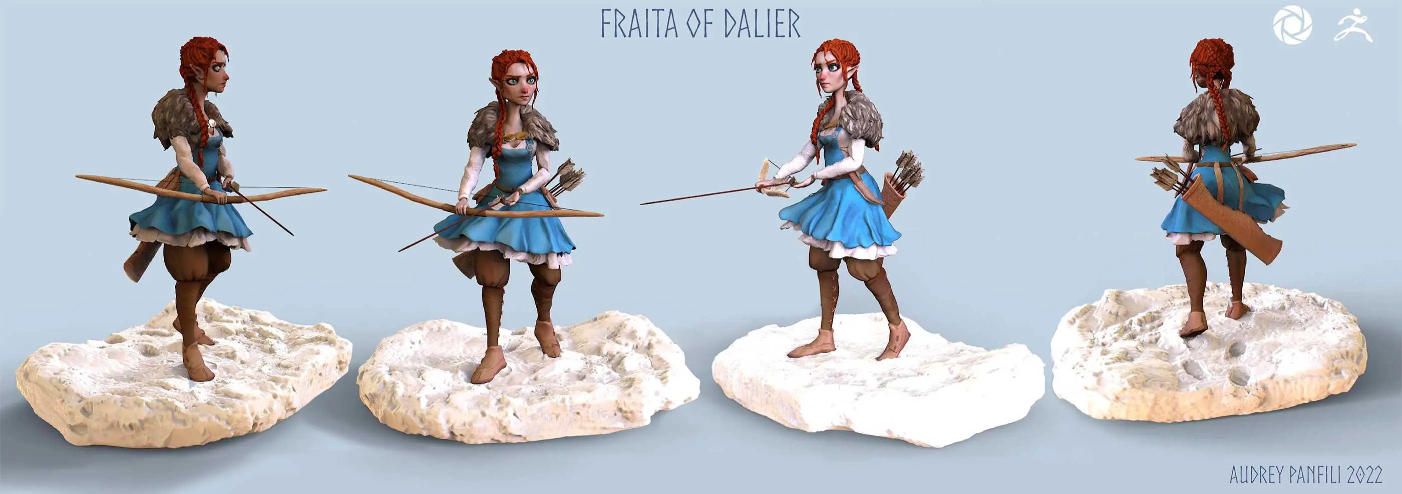 Different angles of a 3D model of a woman during winter with a bow.
