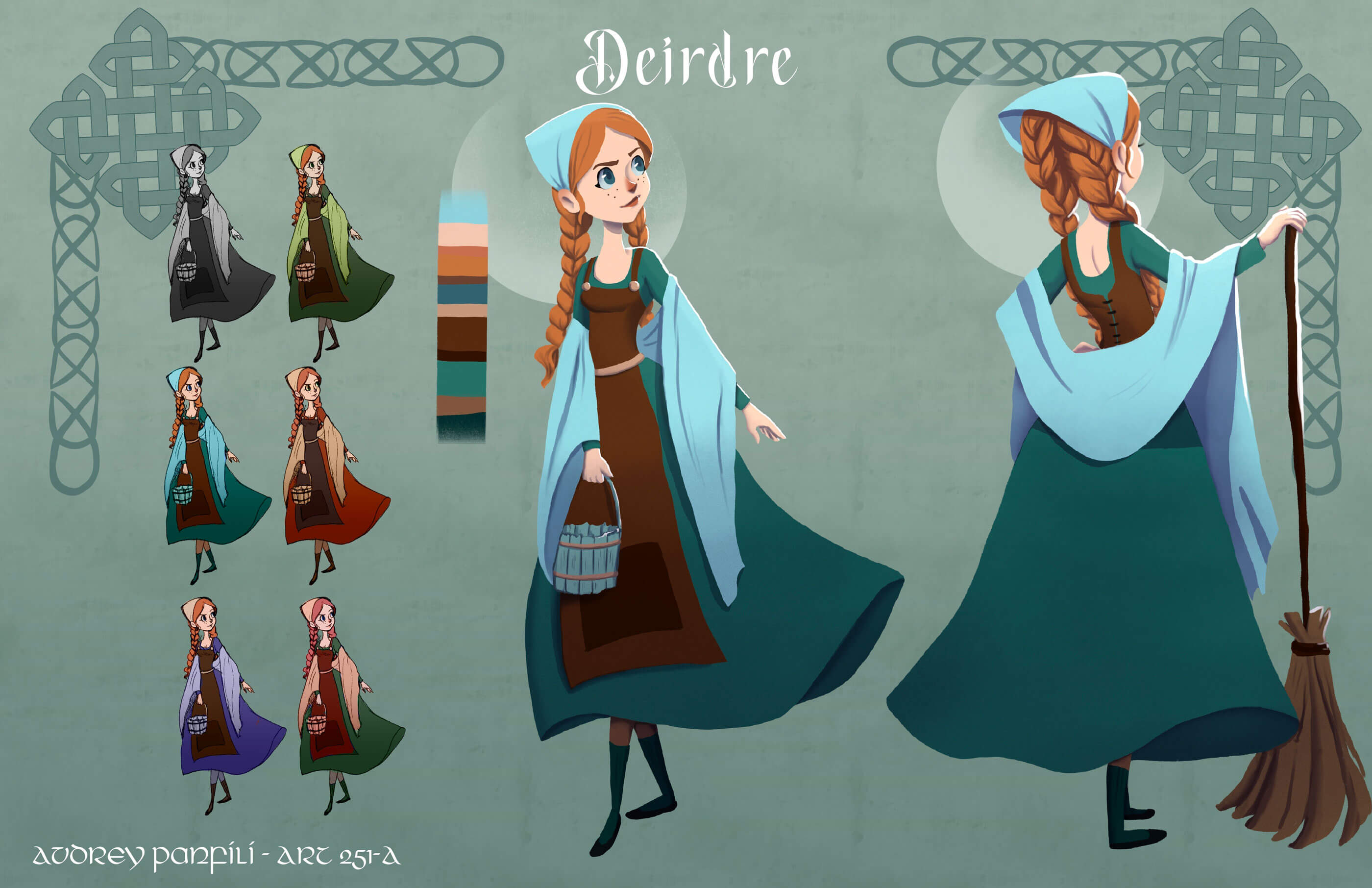 Character sheet for a red haired woman in a dress and headscarf.