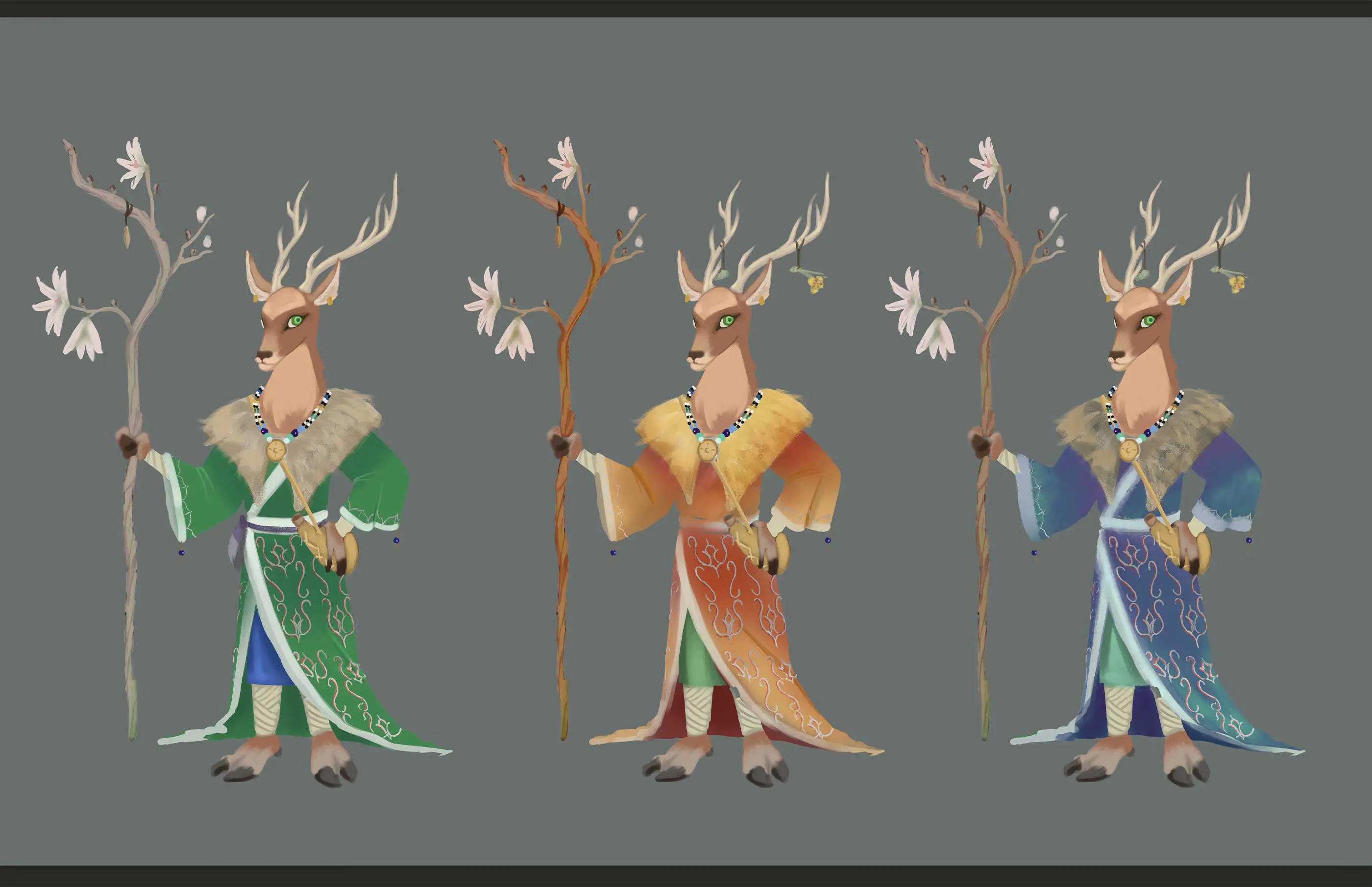 A drawing with 3 variants of a humanoid deer wielding a staff.