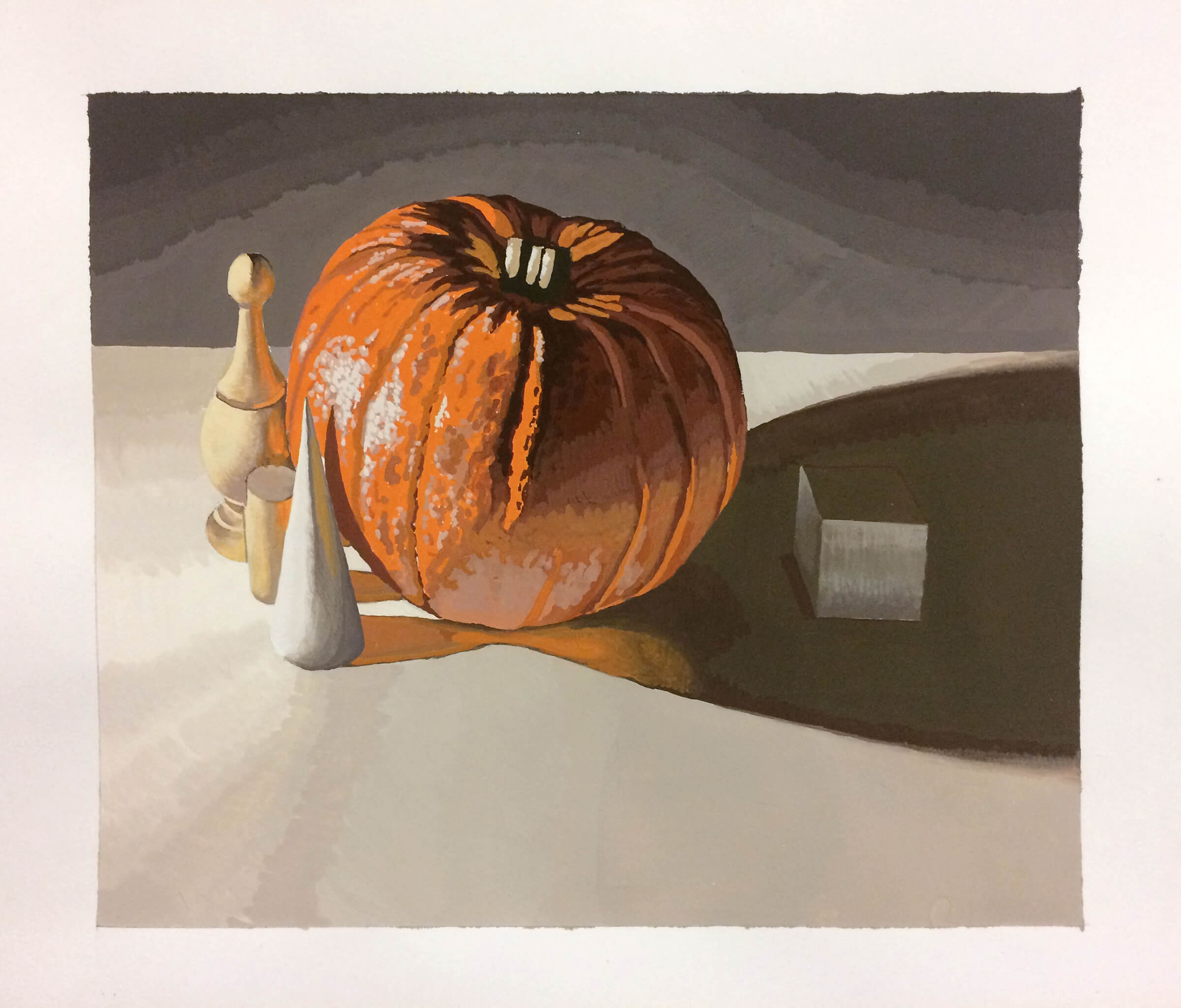 still-life traditional painting of a pumpkin with various objects, including a cube, surrounding it