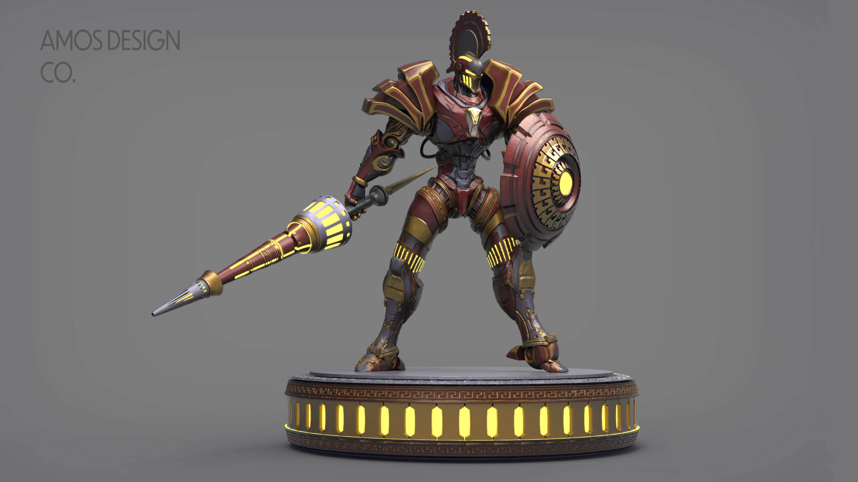 3D model of a robotic warrior with a lance and shield.