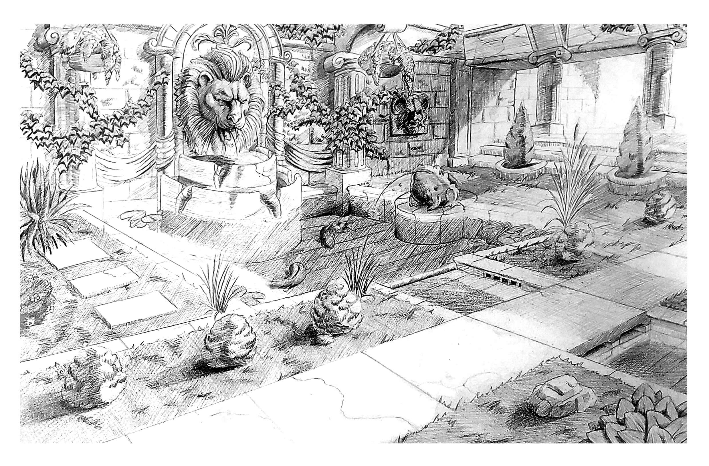 Sketch of a garden area with engraved architecture and décor.