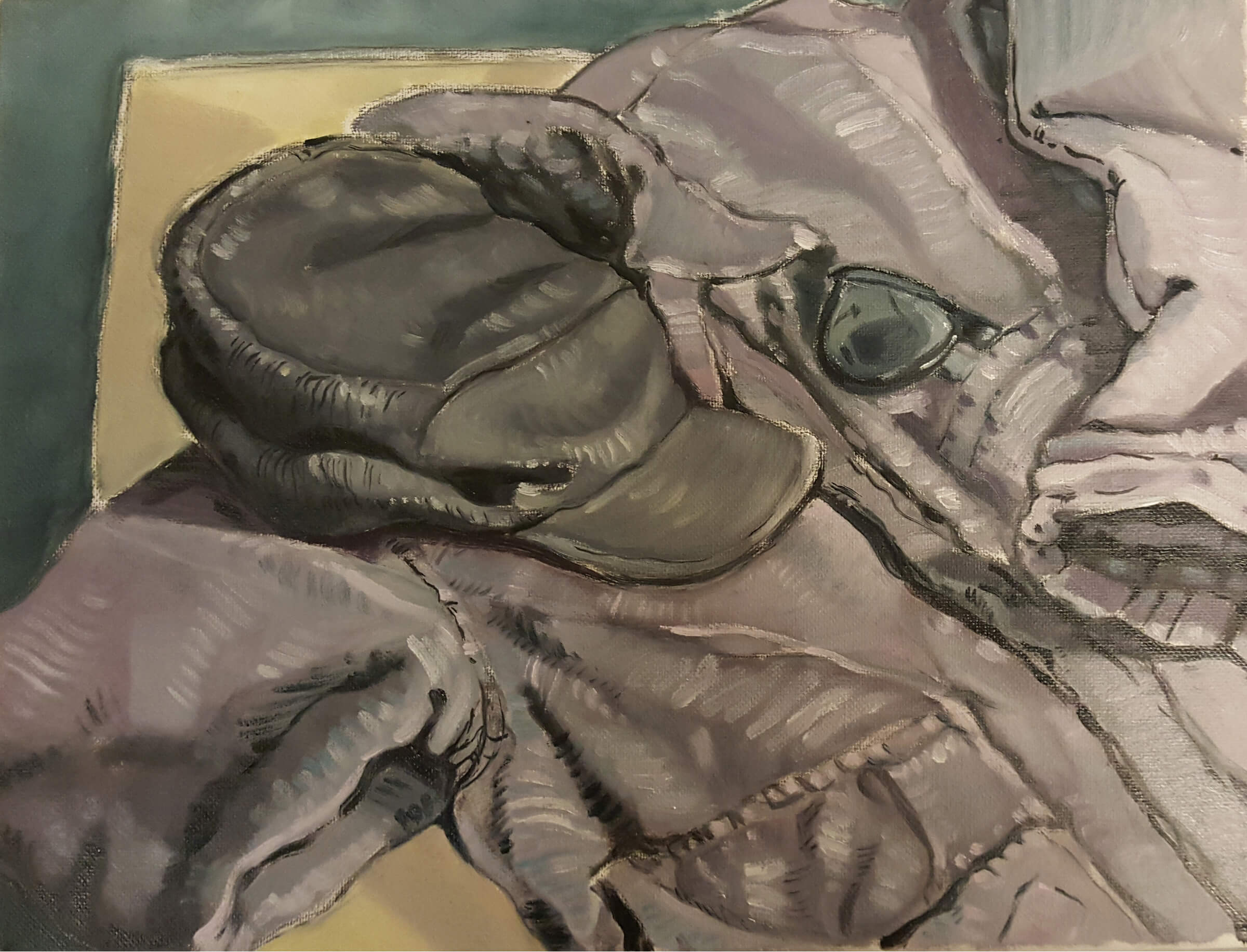 still-life traditional painting of a jacket, cap, and sunglasses