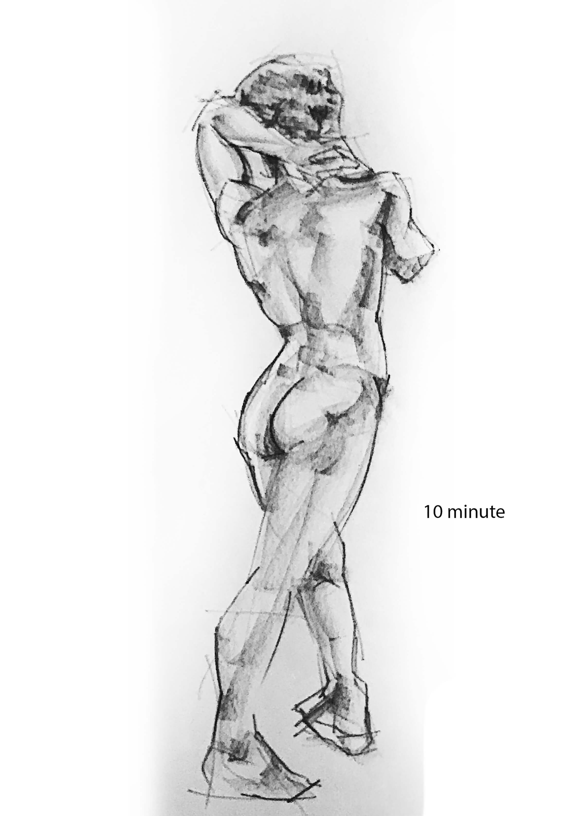 A sketch of a man with his back to the artist, his arm behind his head