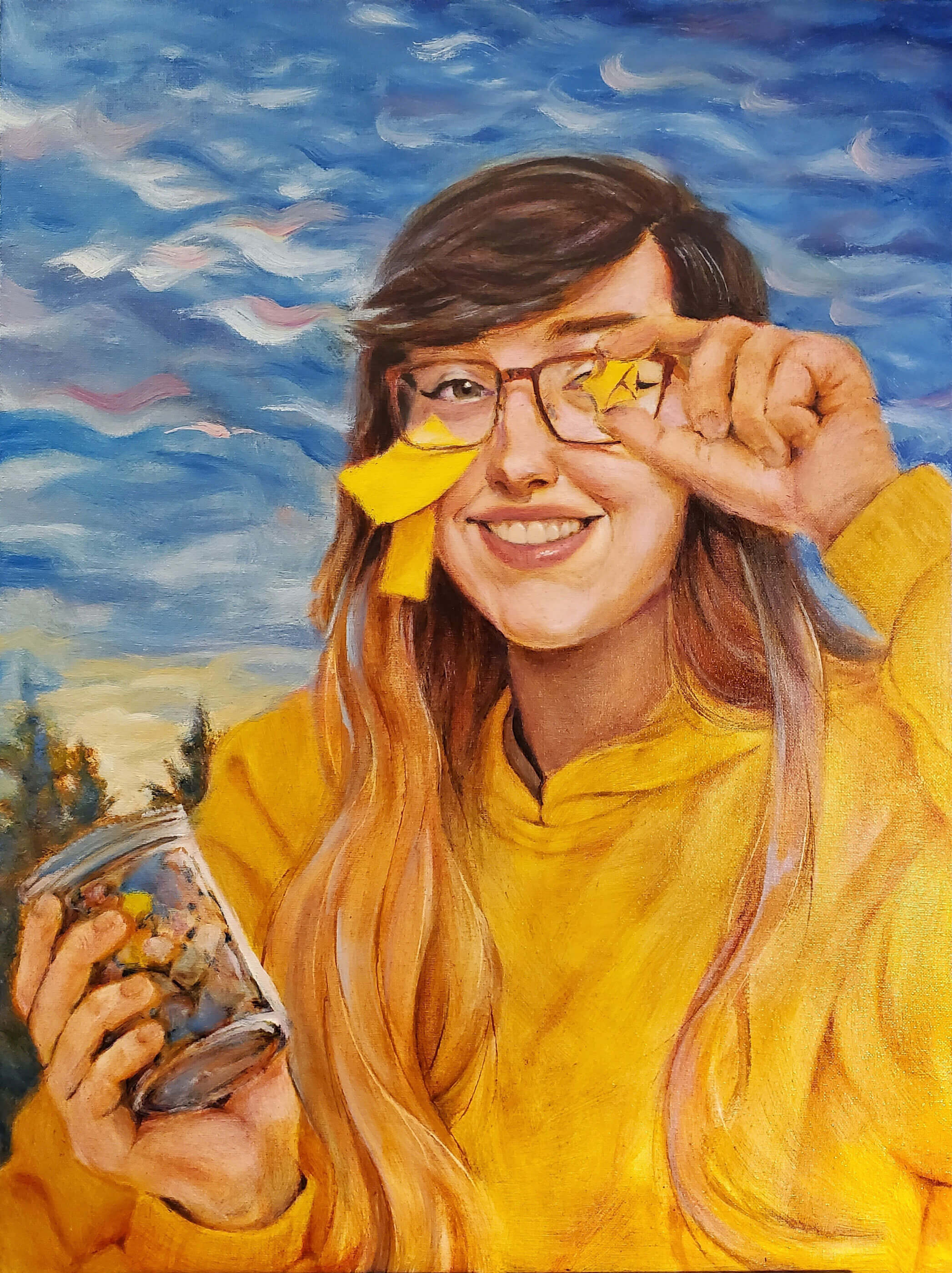 Painting of a young woman with sticky notes on her glasses.