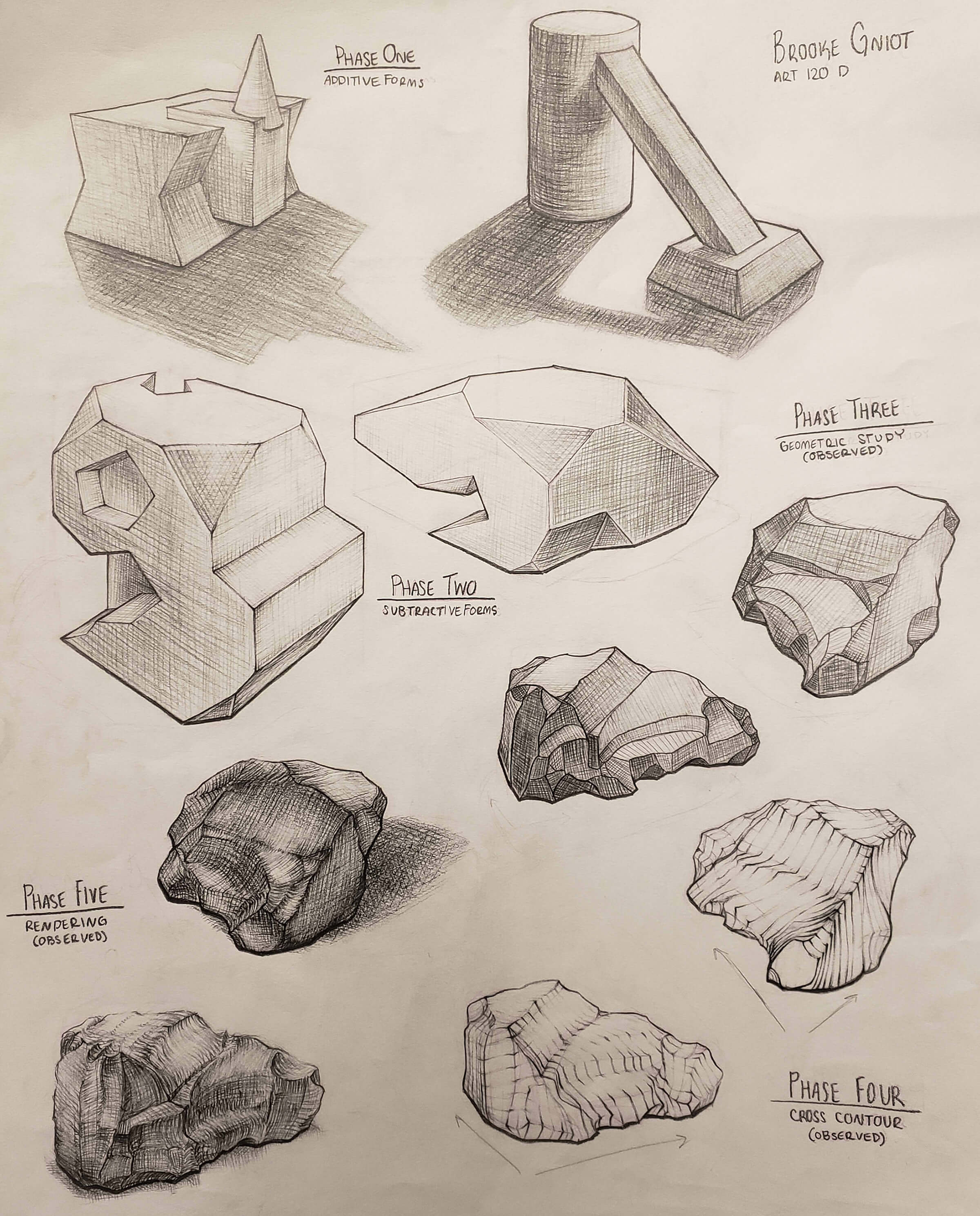 Several pencil drawings of rocks and geometric shapes