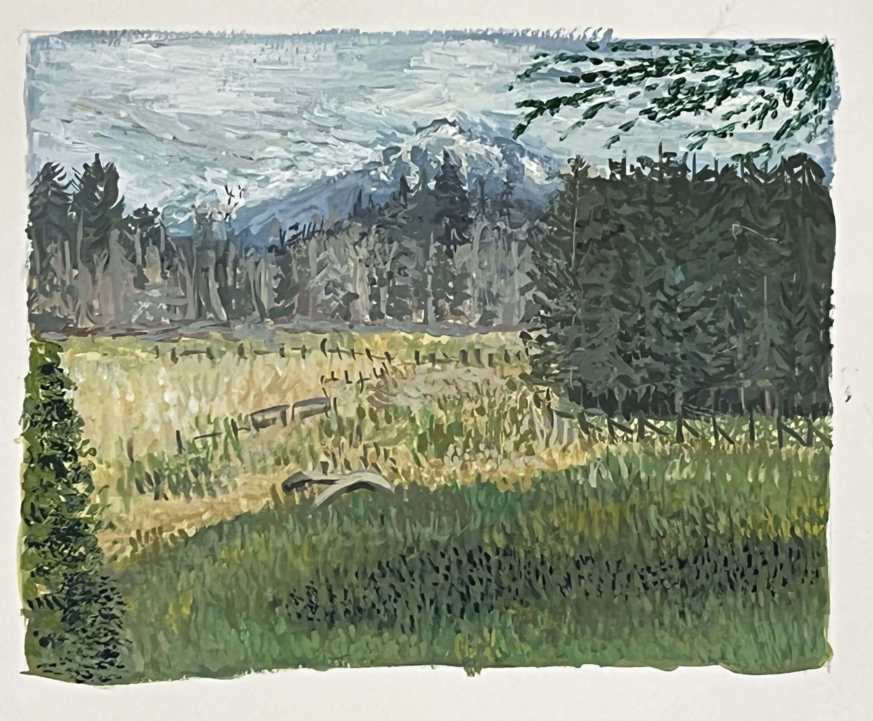 Painting of a meadow with a mountain in the background.