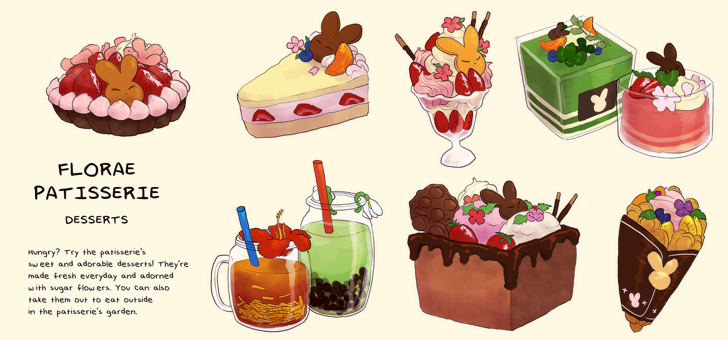 Many colorful drinks and desserts