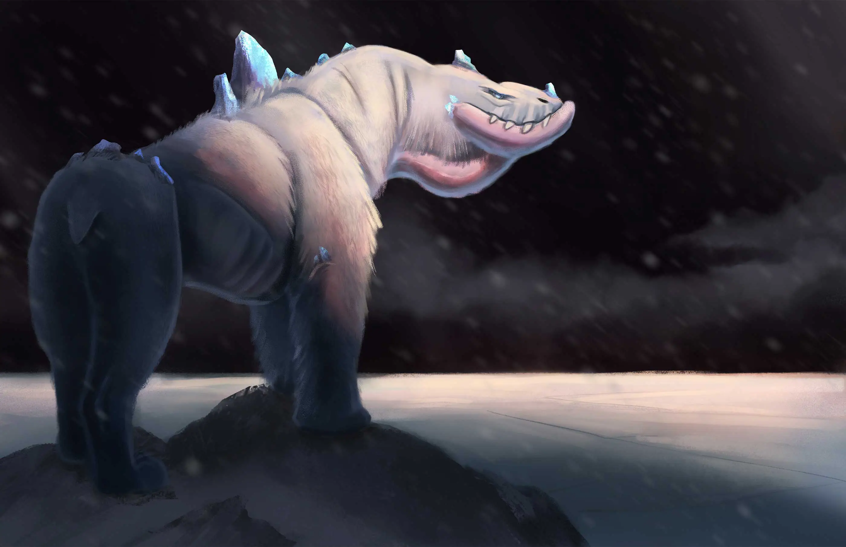 A painting of a fantasy, bear like, creature in a snowy climate.