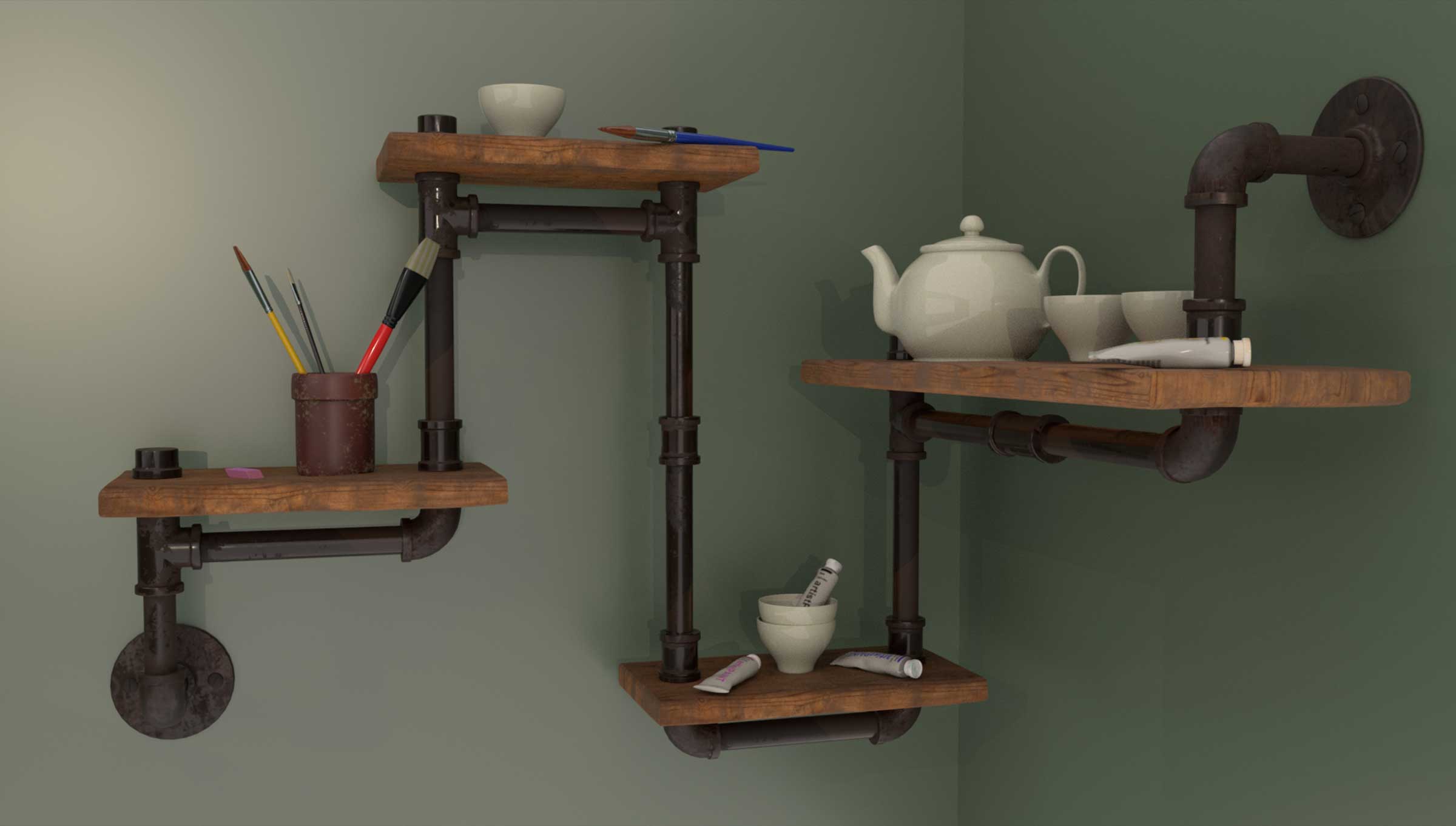 Rendered scene of various containers sitting atop wooden shelves supported by steel pipes