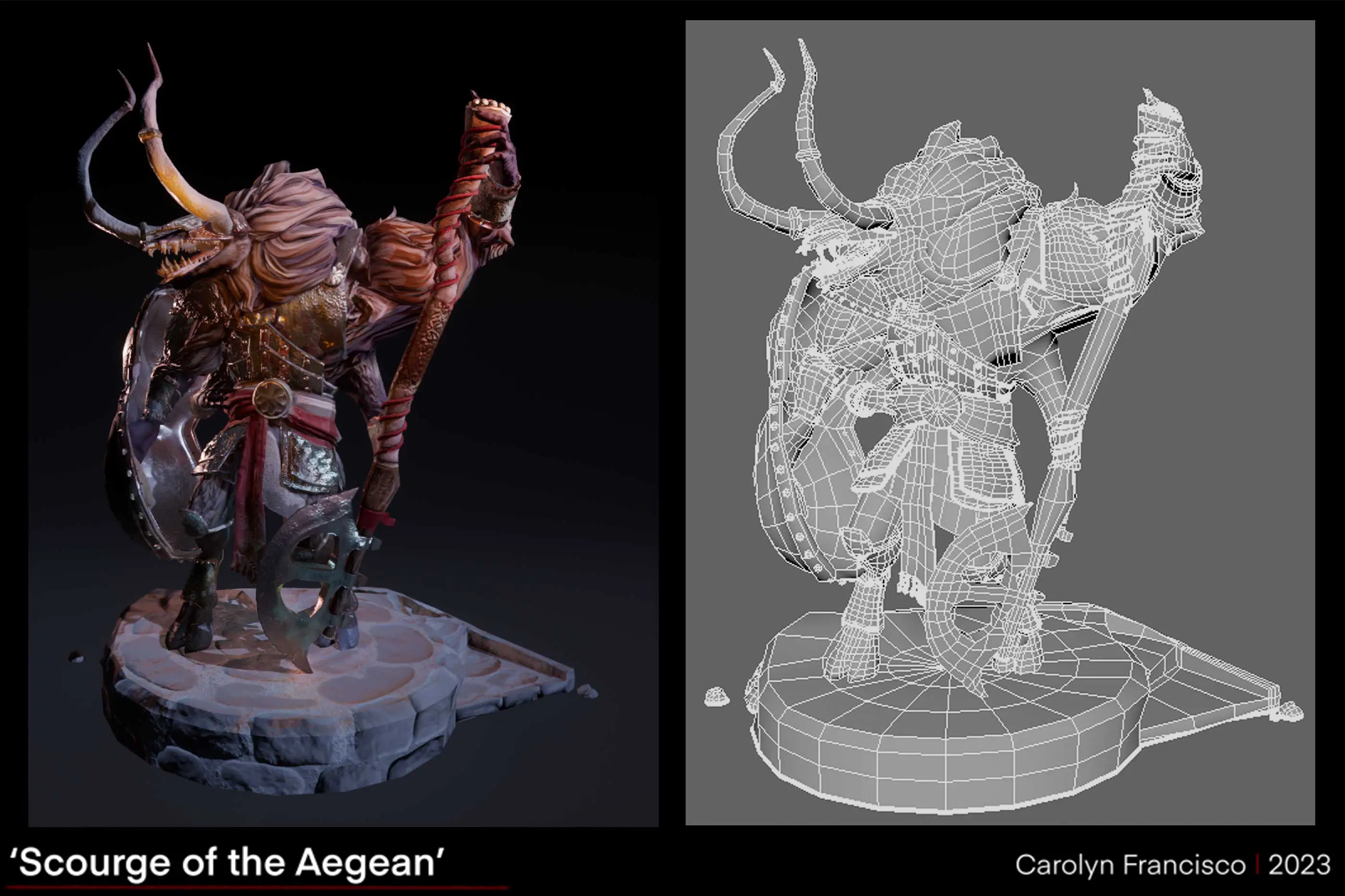A 3D render and corresponding wireframe of a fantasy beast.