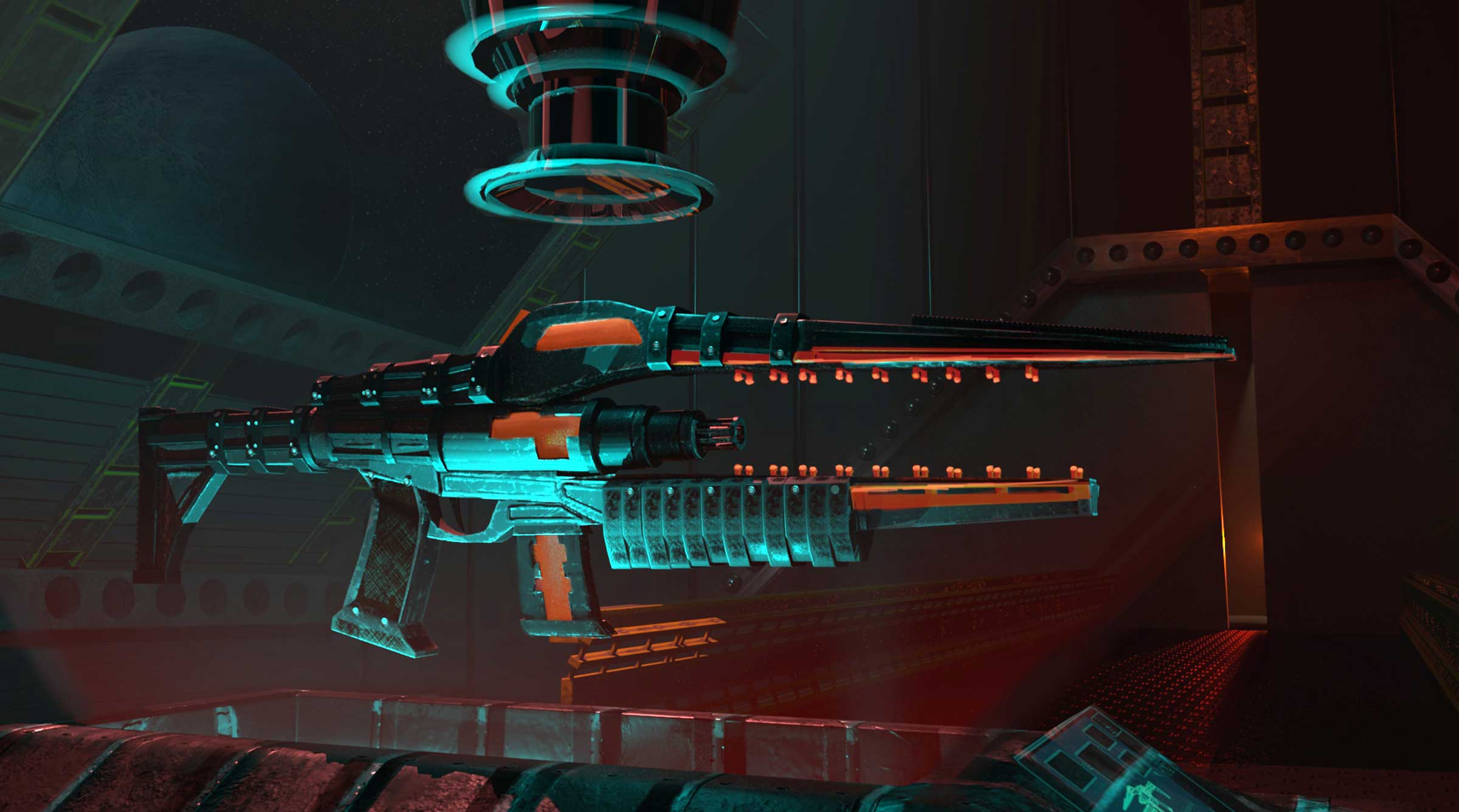 A futuristic weapon showcased within a factory.