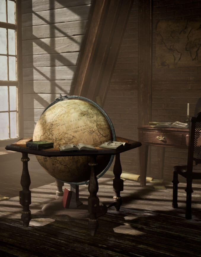 A world globe sits in a rustic room near a window