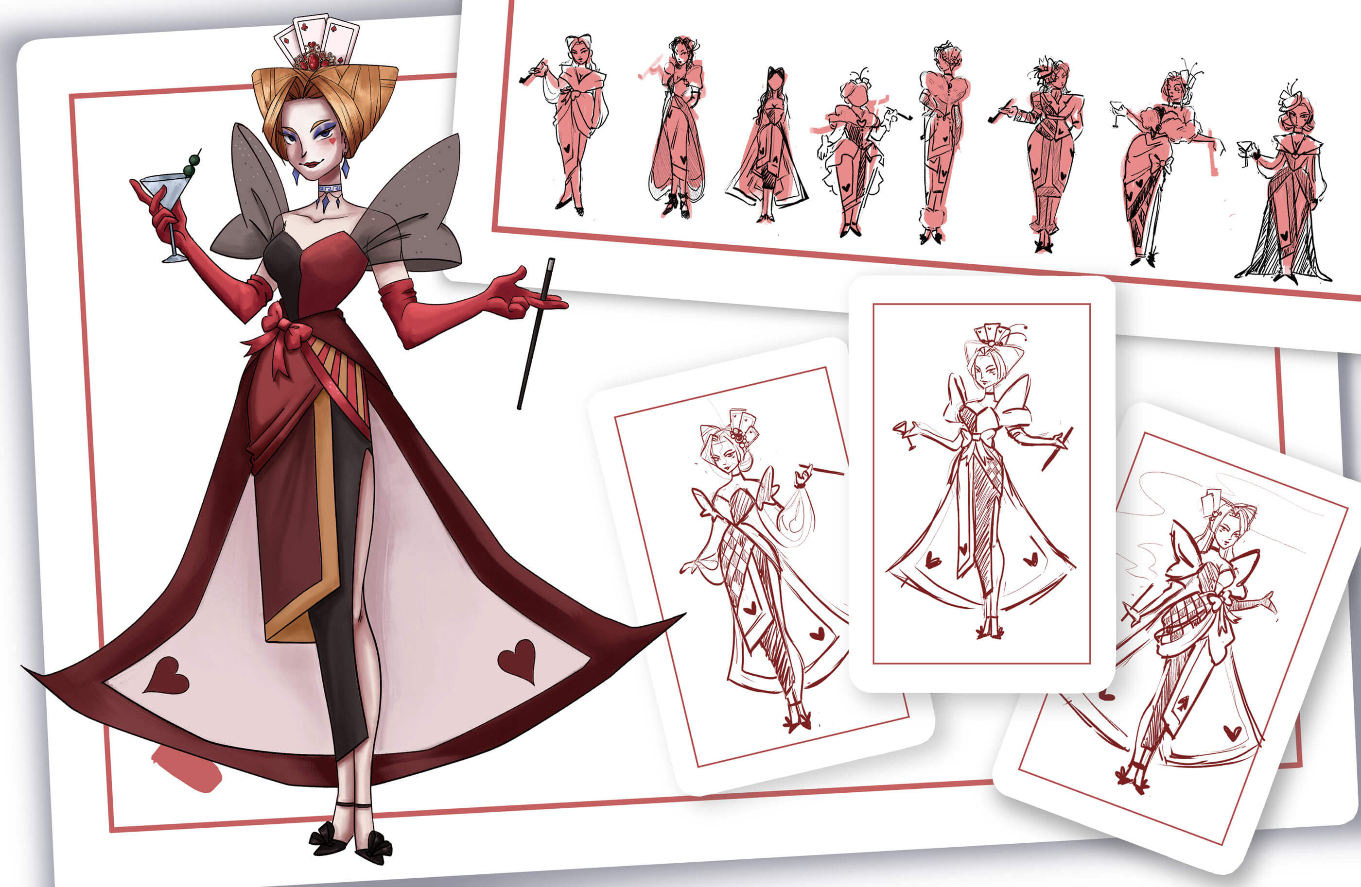 A character concept of a woman with a queen of hearts card theme.