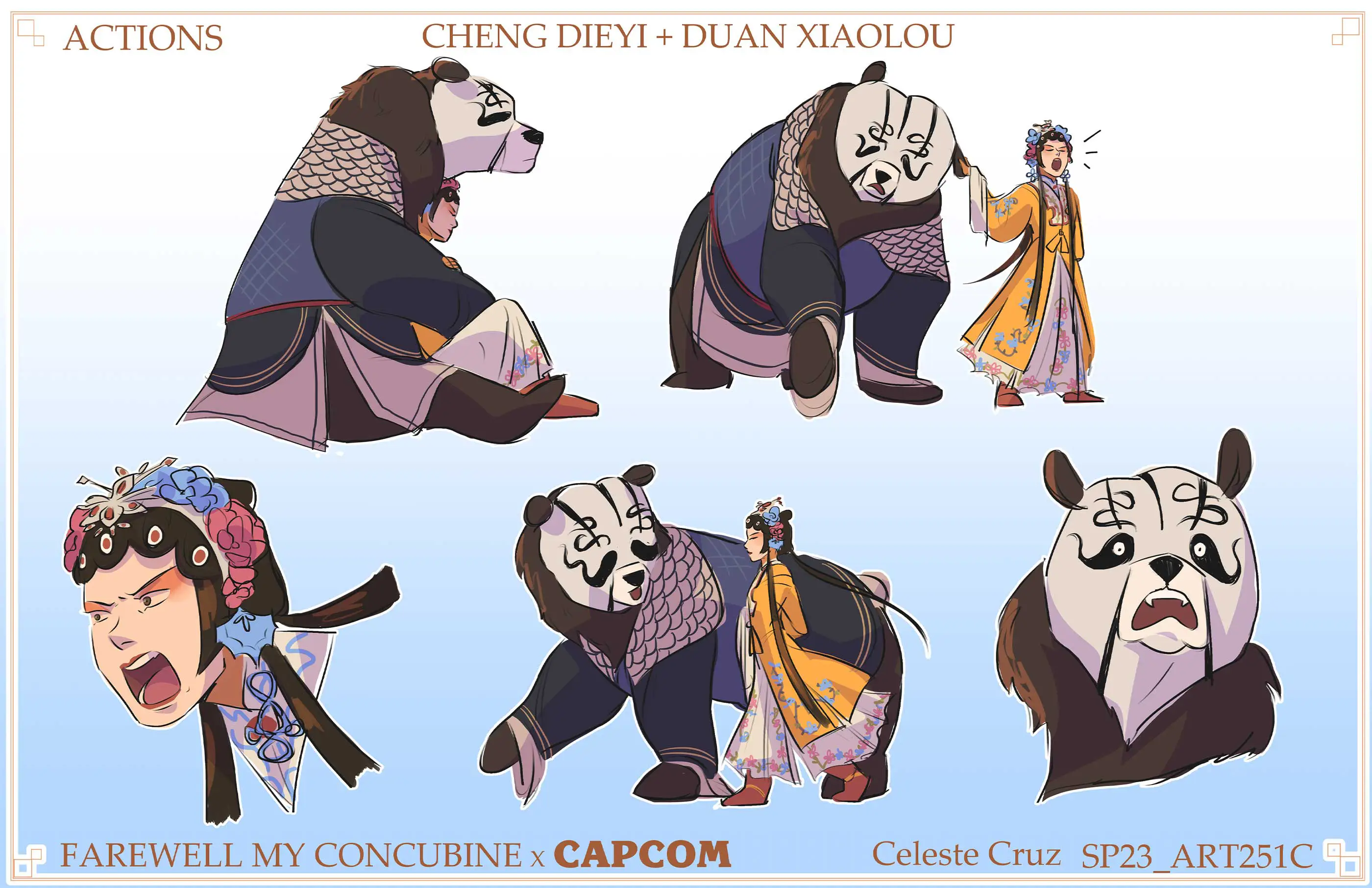 A collection of drawings of a panda and a person in fancy attire.