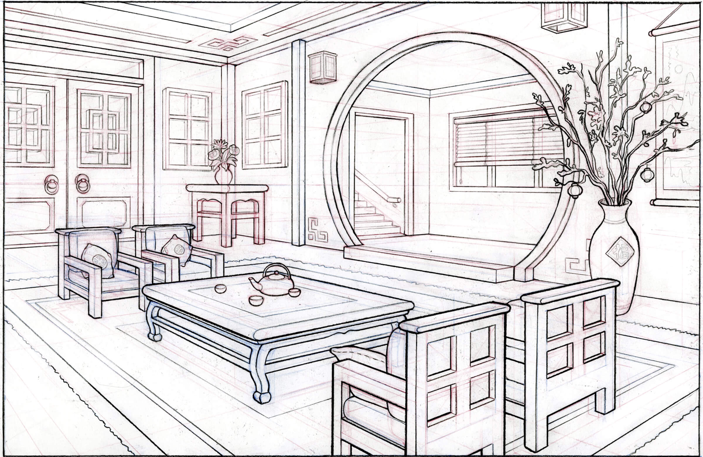 perspective drawing of an asian-inspired living room with a large circular entry