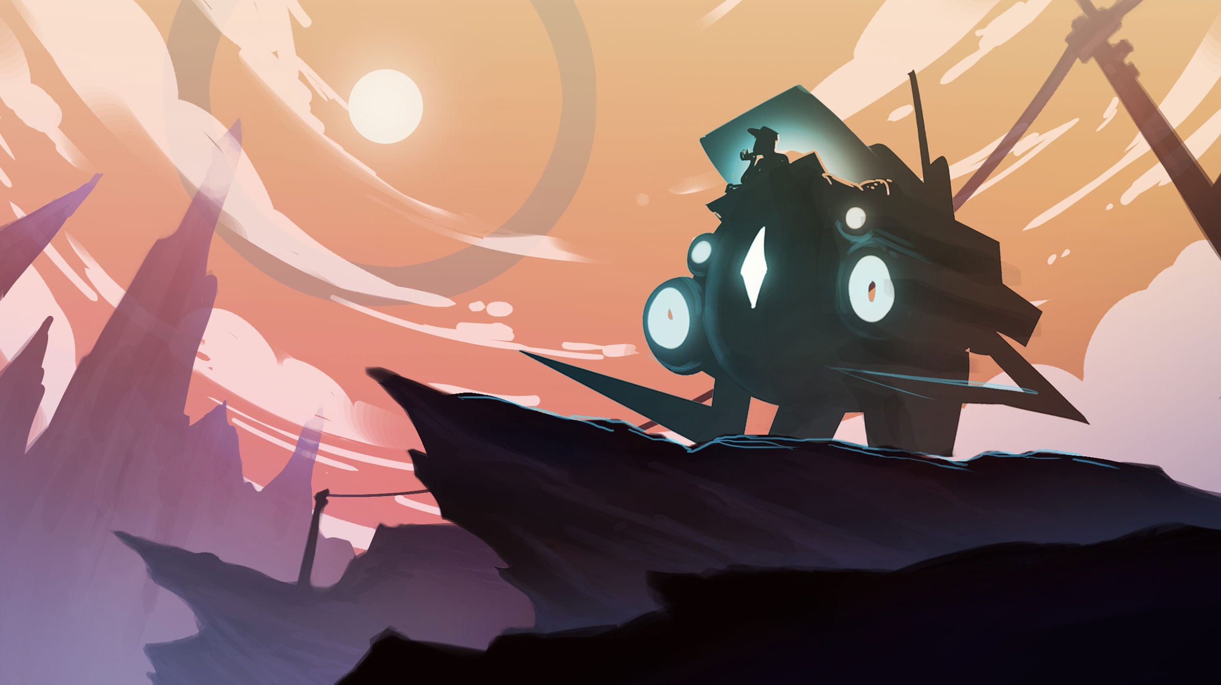 A man in a robot-like vehicle watches the sunrise