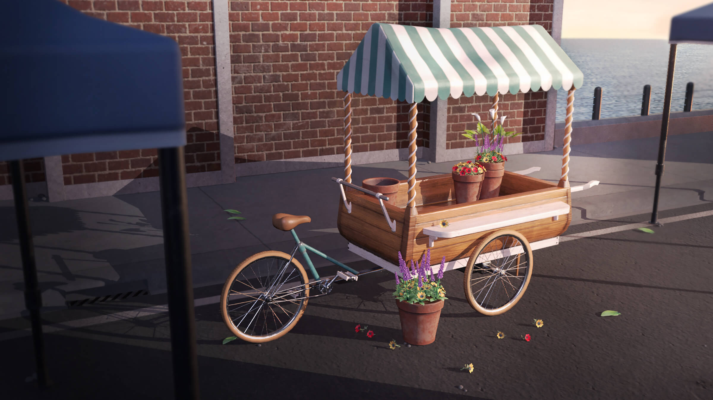 A bicycle with a cart attached carrying potted flowers