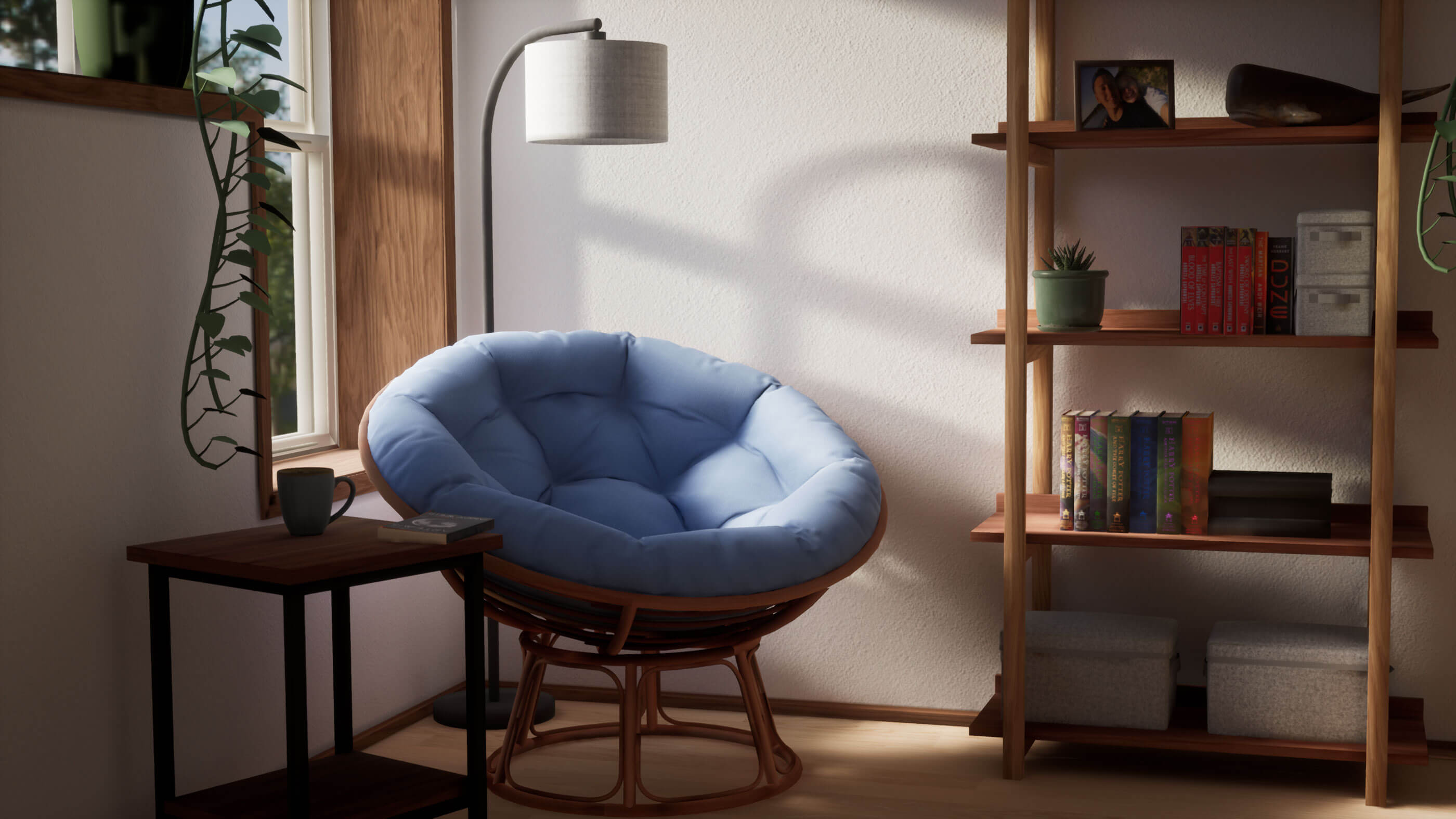 A house living room area containing a seat, a window, and a shelf.