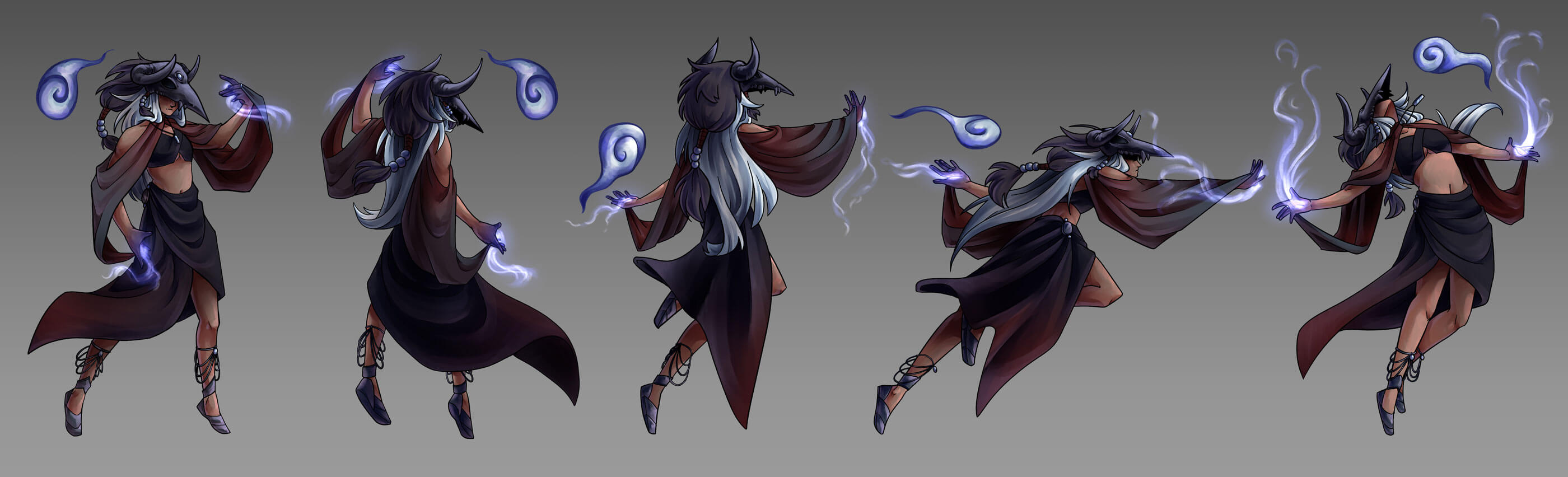 Character sheet of a woman with magical powers wearing a crow hat.