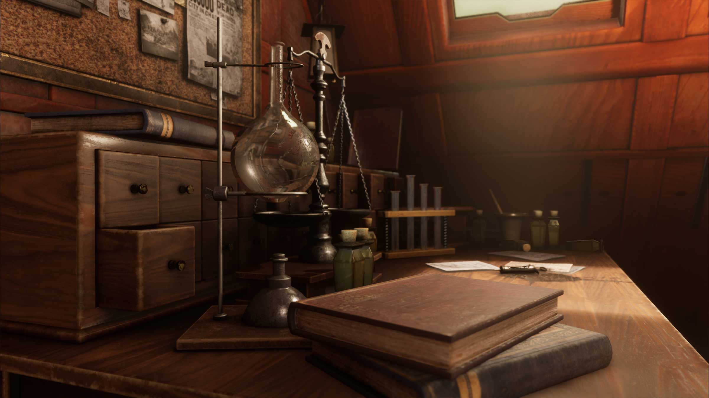 A wooden desk with books and lab equipment.