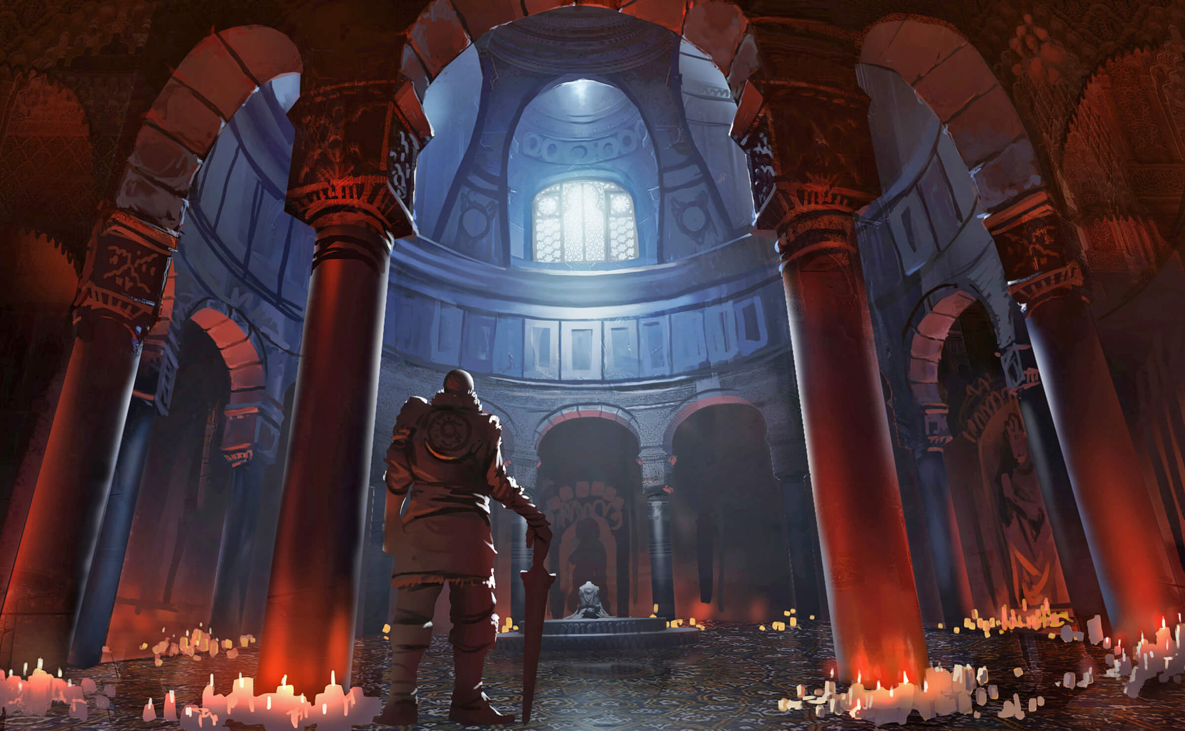 digital painting of a male character with a sword gazing into a circular room with lit candles all around