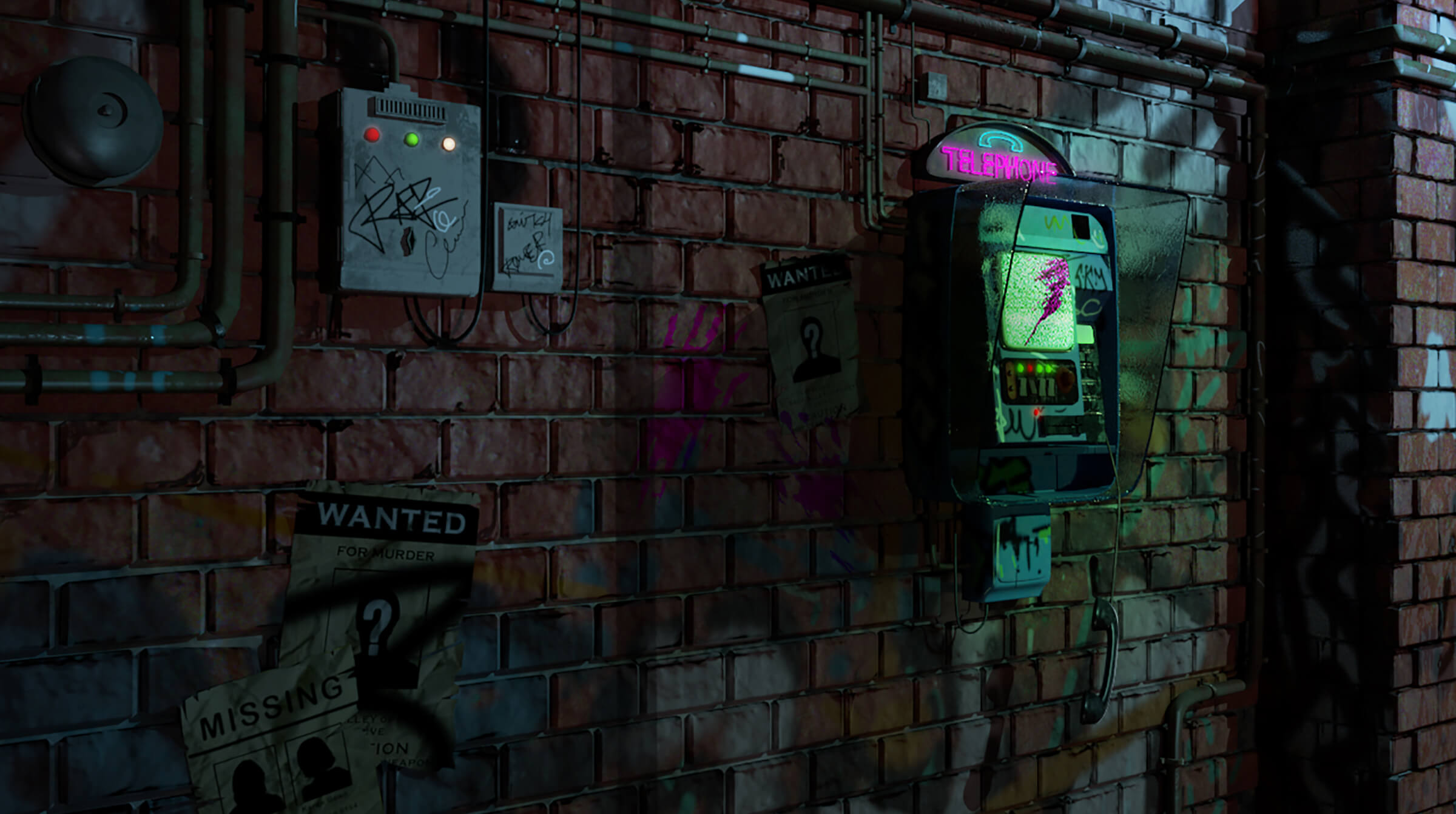 A neon-lit public telephone in a graffiti-decorated alley