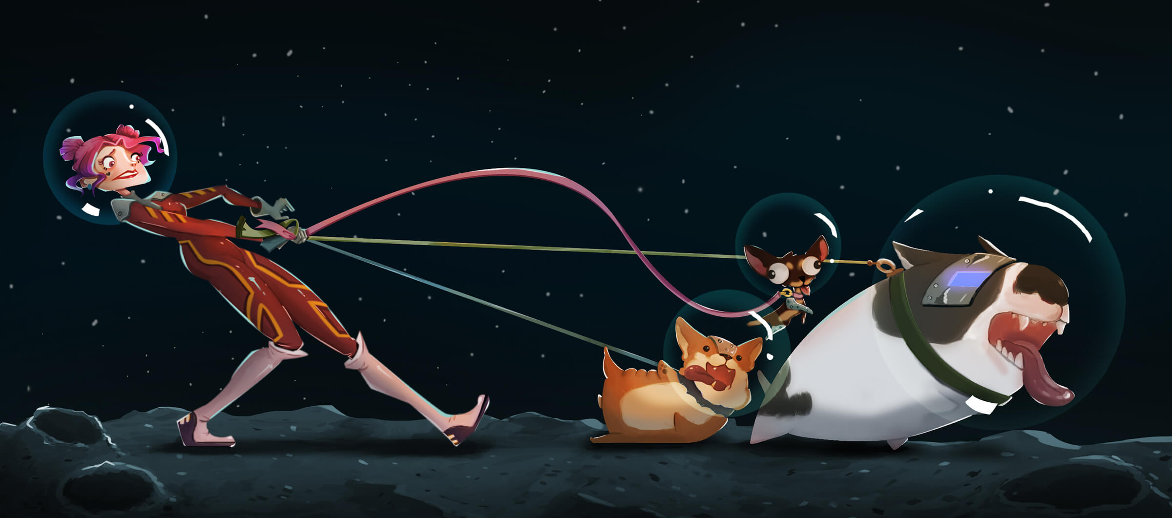 A woman in a space helmet being walked by dogs in space helmets