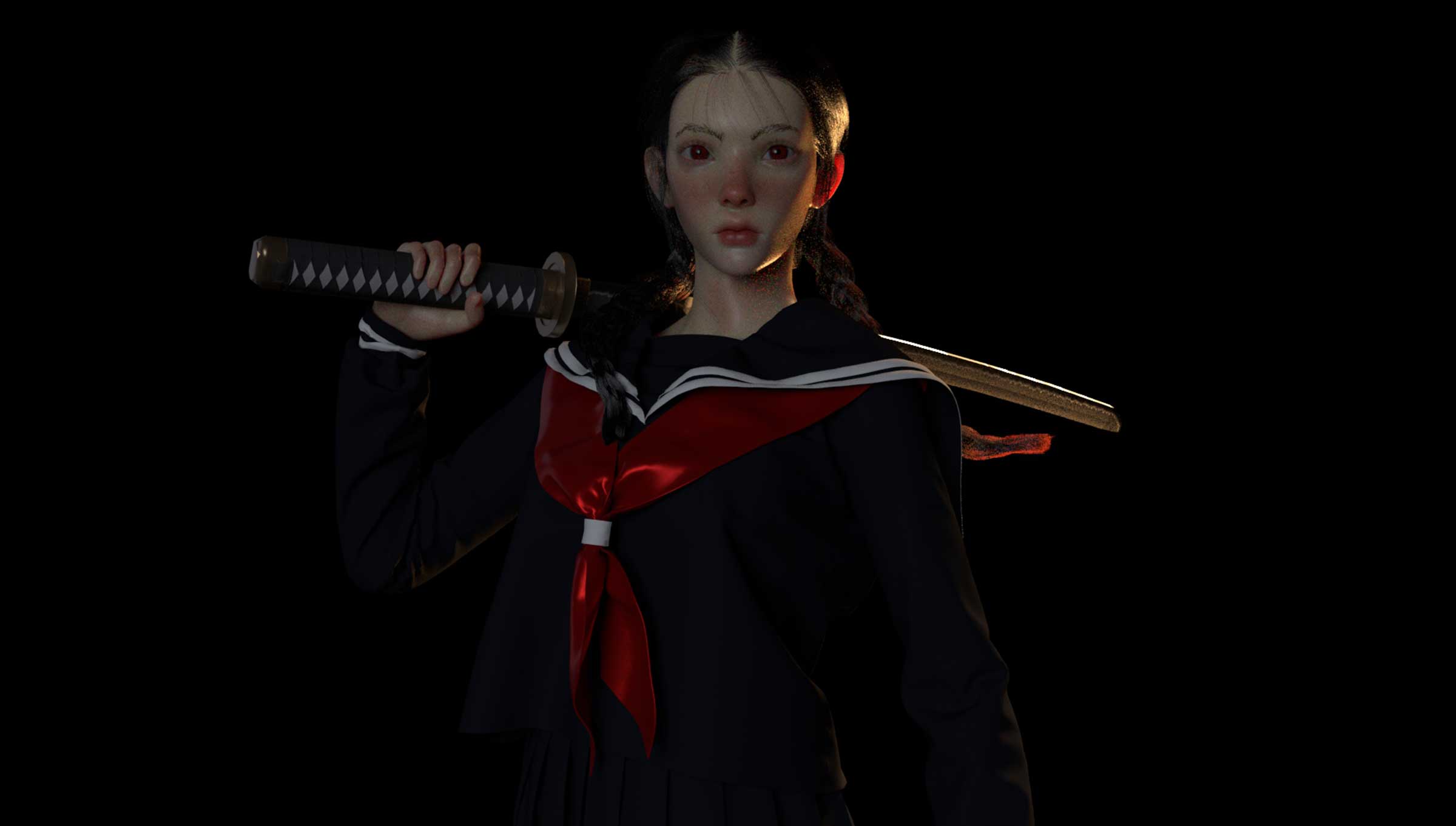 A girl in a uniform holding a katana.