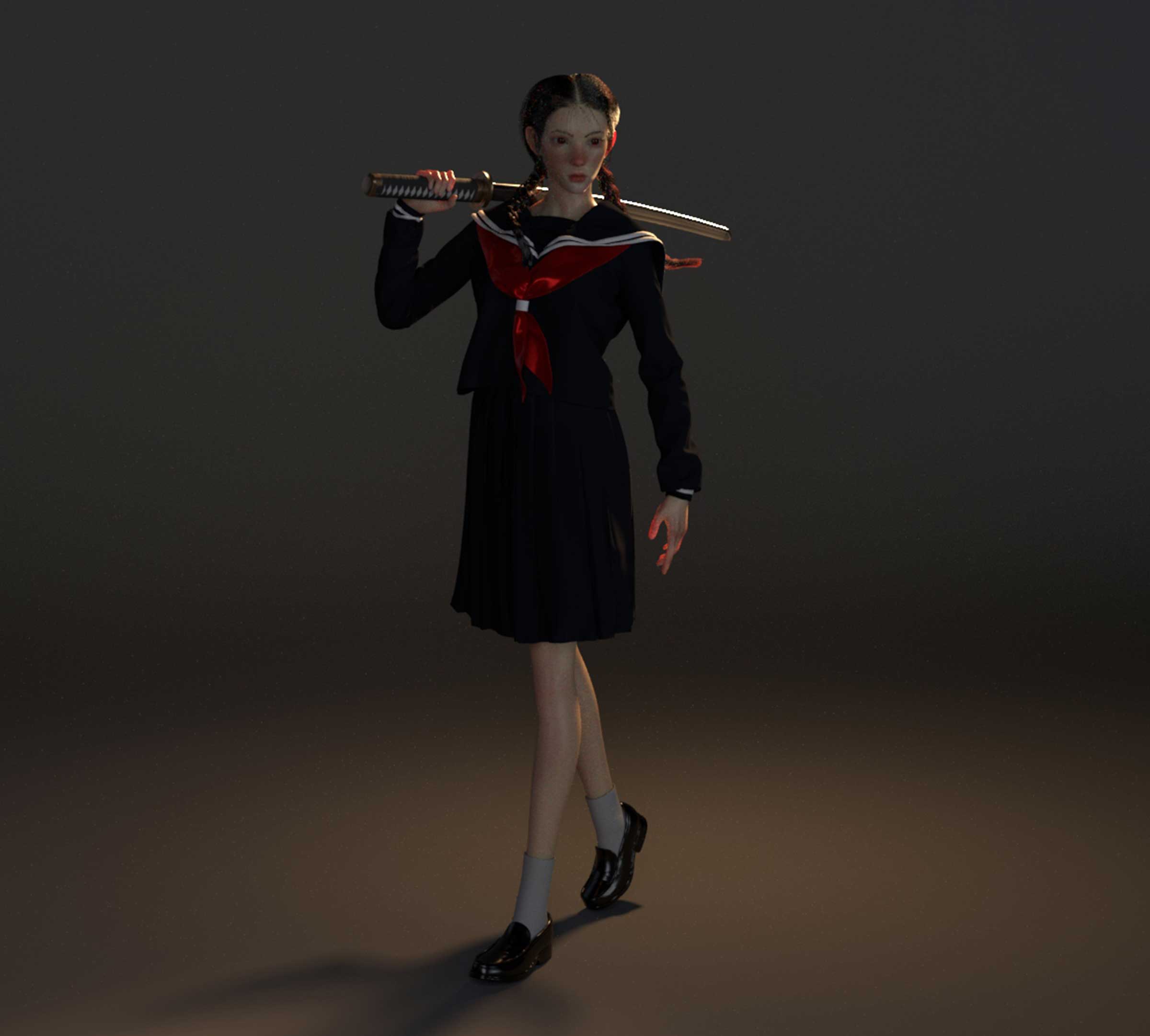 A detailed look at a girl in a uniform holding a katana.