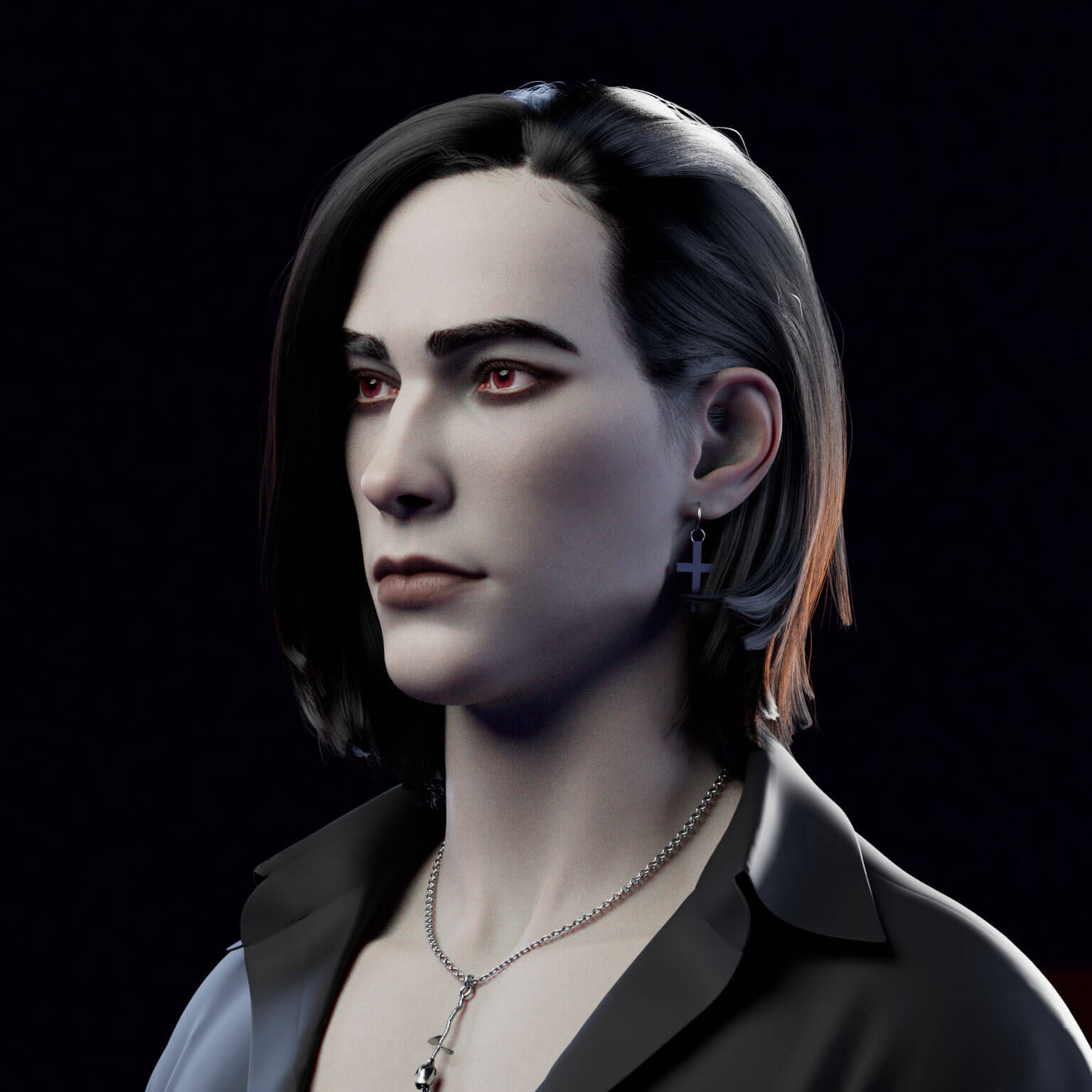 A pale-skinned character with red eyes resembling a vampire.