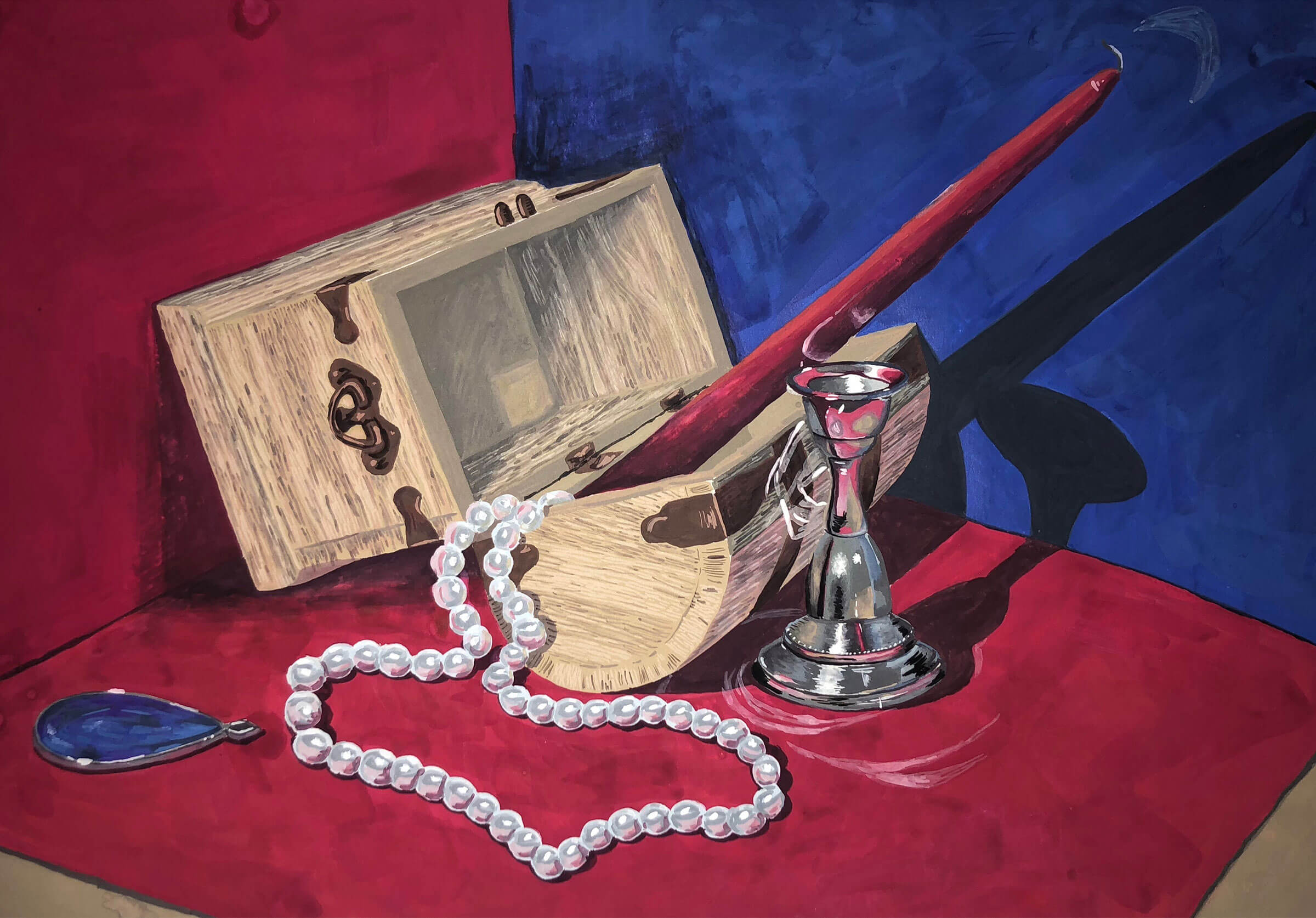 An open treasure chest with a red candle and pearl necklace