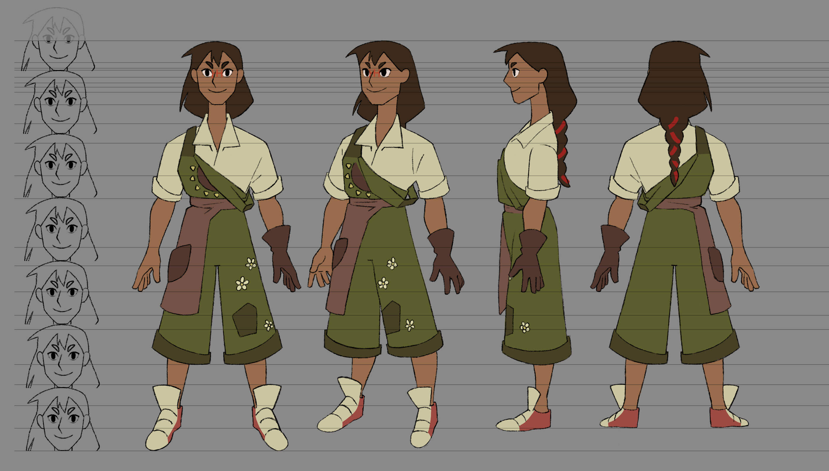 Character concept of a young woman wearing overalls and a glove.