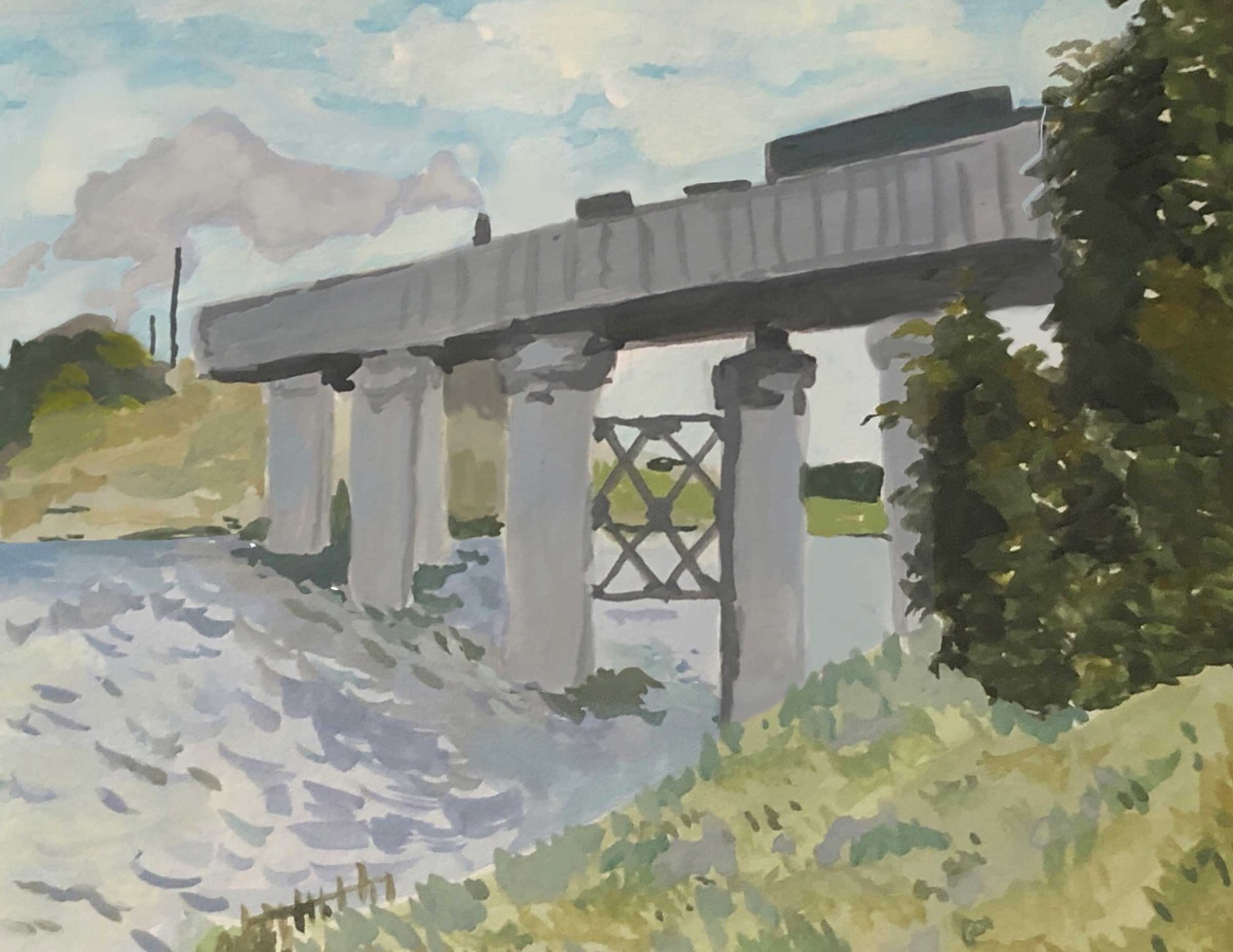 A painting of a train on a bridge over a river.