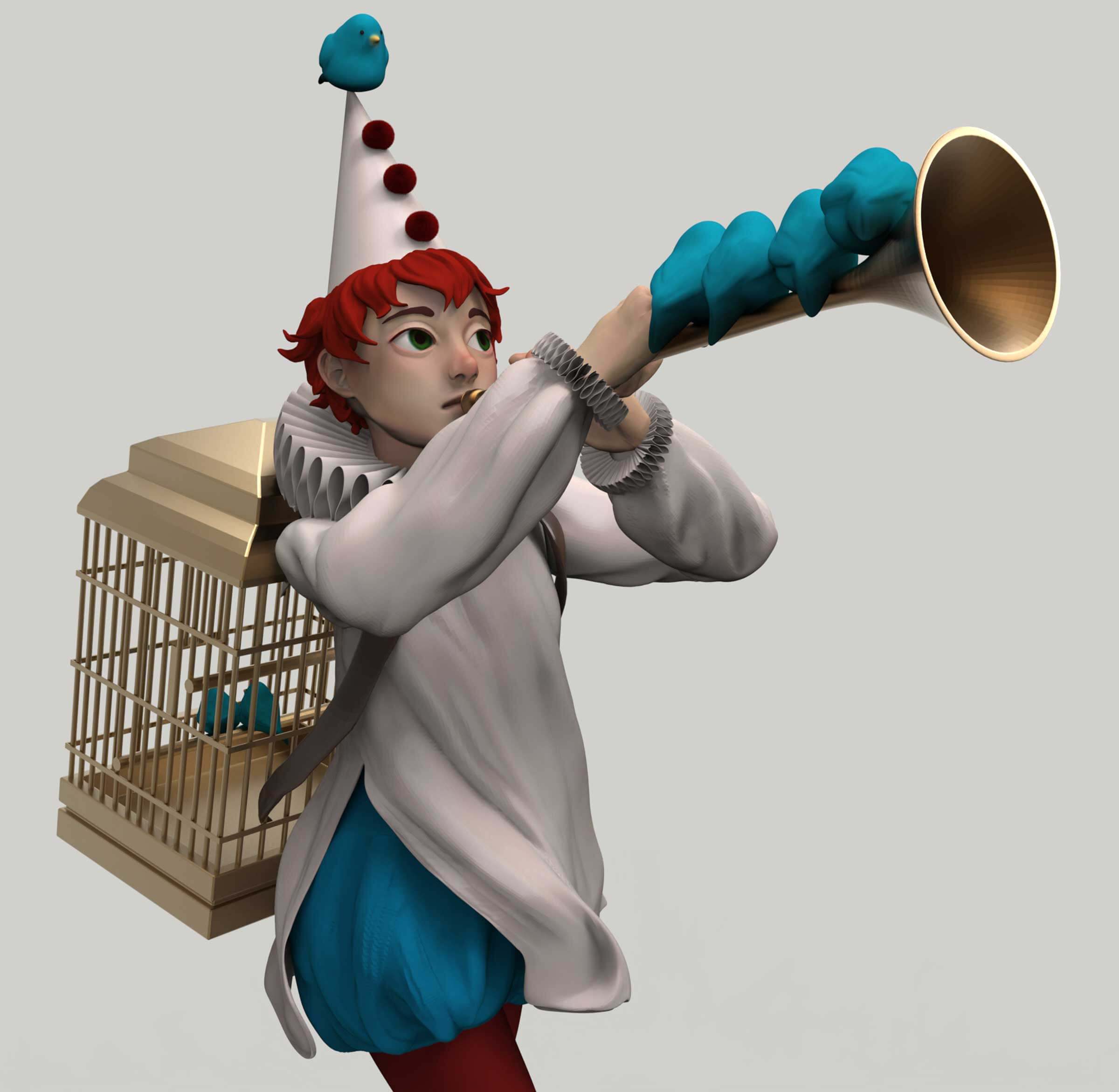 3D model of a jester playing a trumpet lined with blue birds.