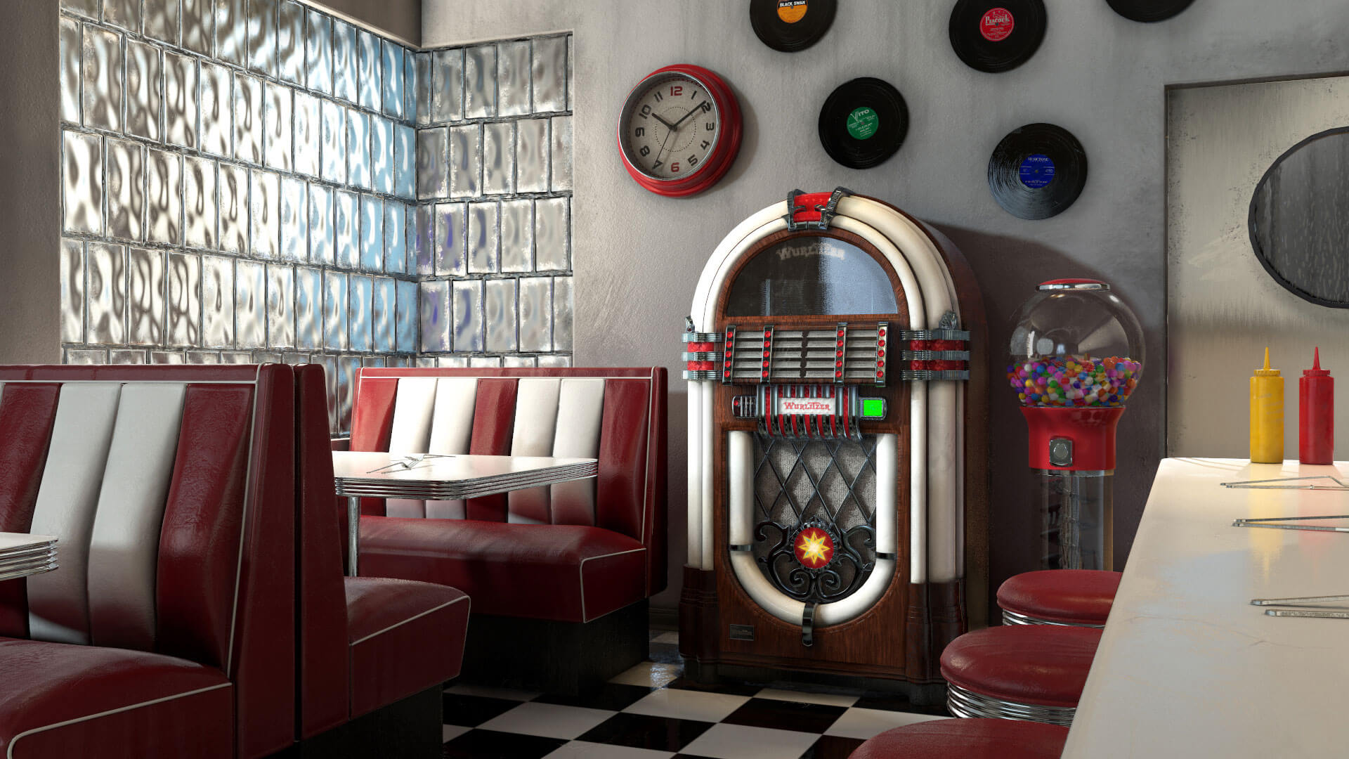 An old fashioned diner with a jukebox next to a gumball machine.