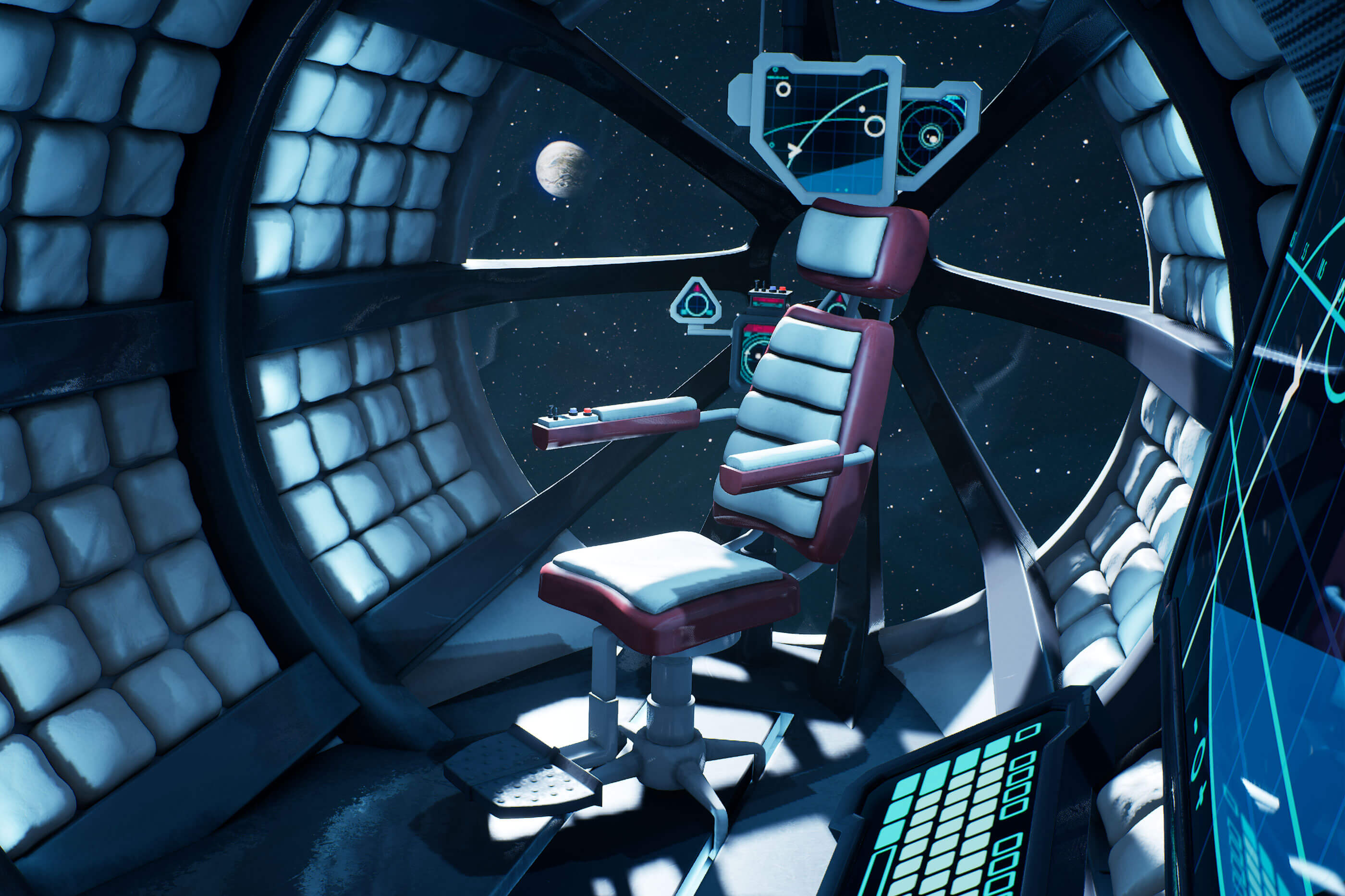 Interior of a futuristic space station with a chair by a window.