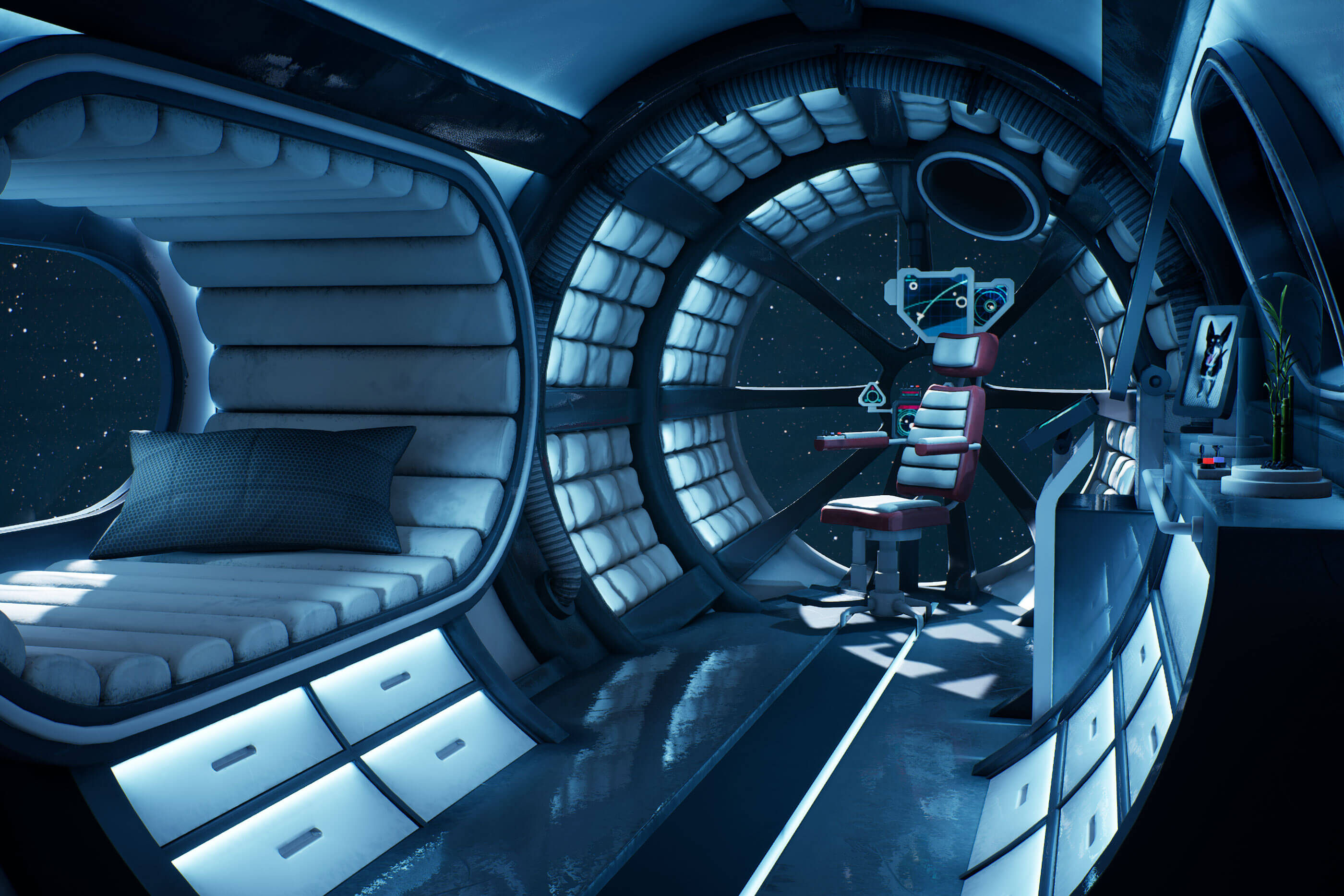 Interior of a futuristic living quarters in a space station.