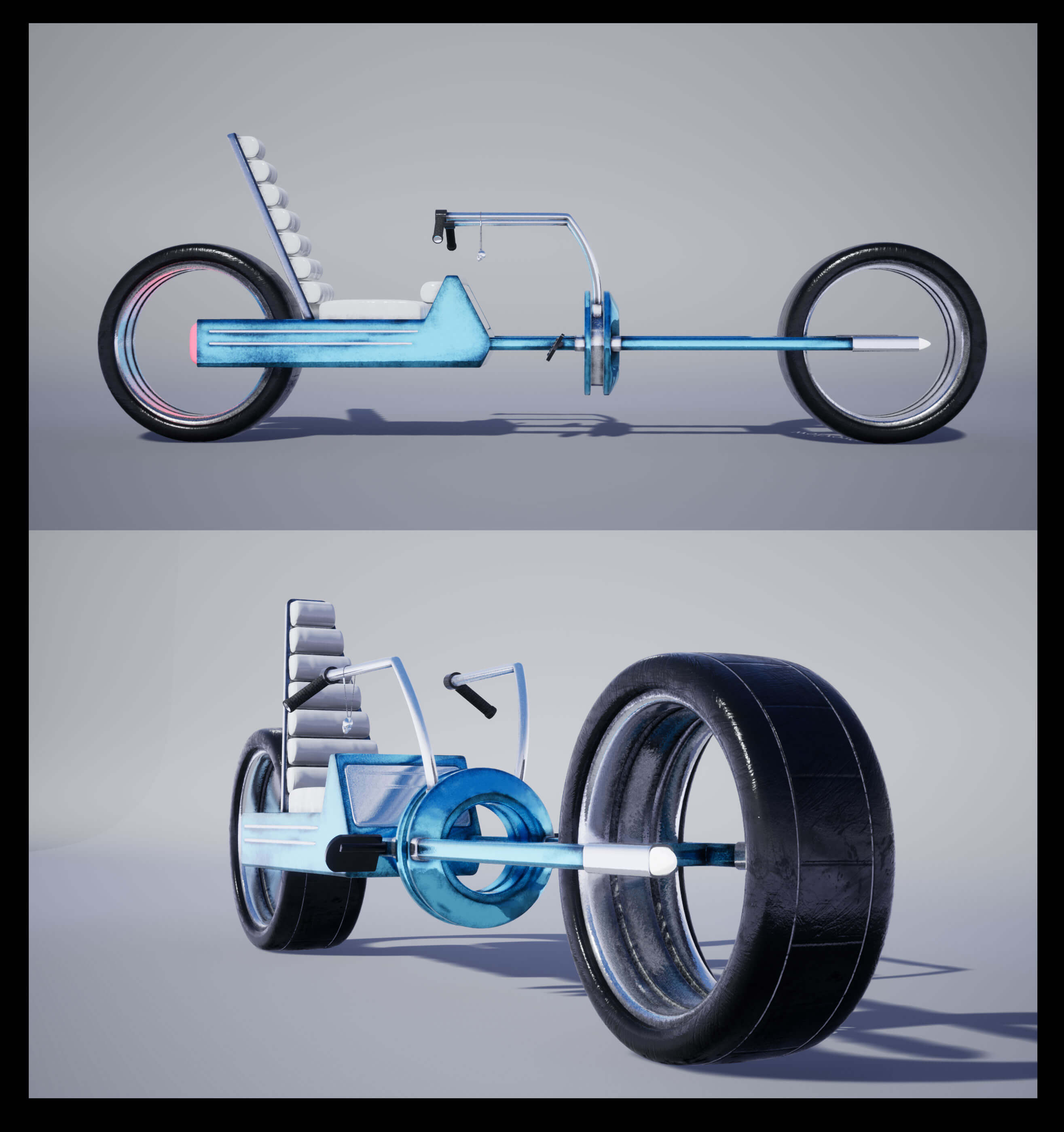 A futuristic bicycle vehicle with floating wheels.