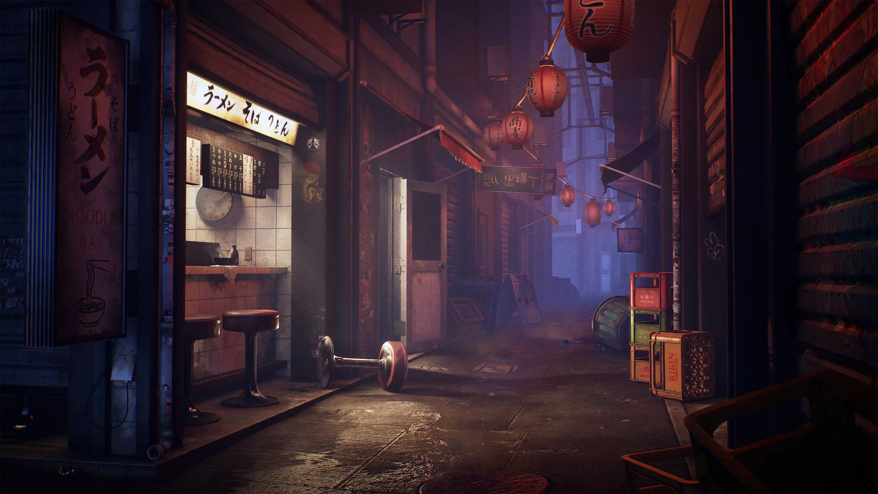 A 3D render of a messy alleyway in an Asian city.
