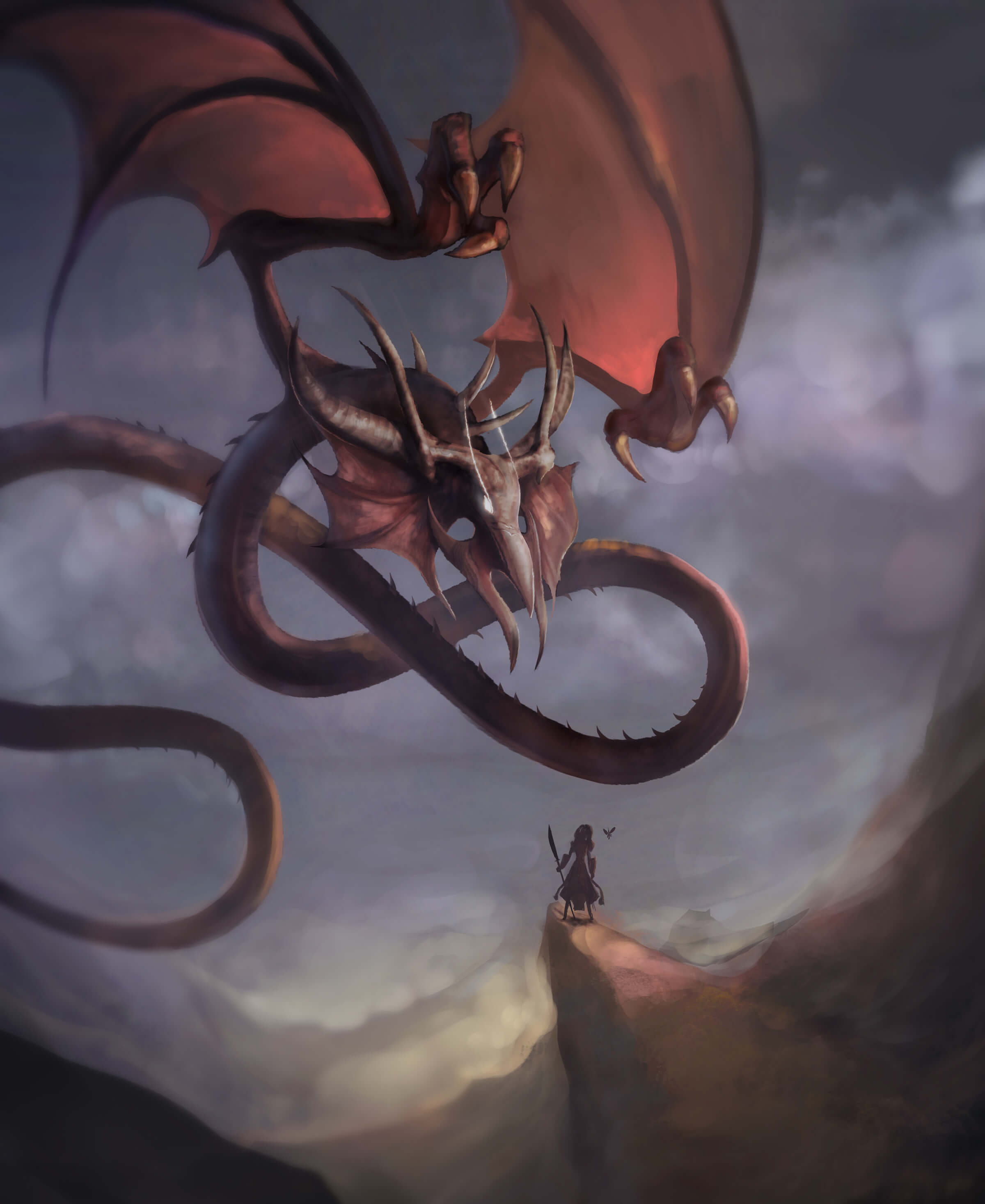 A person standing on a cliff faces a large dragon
