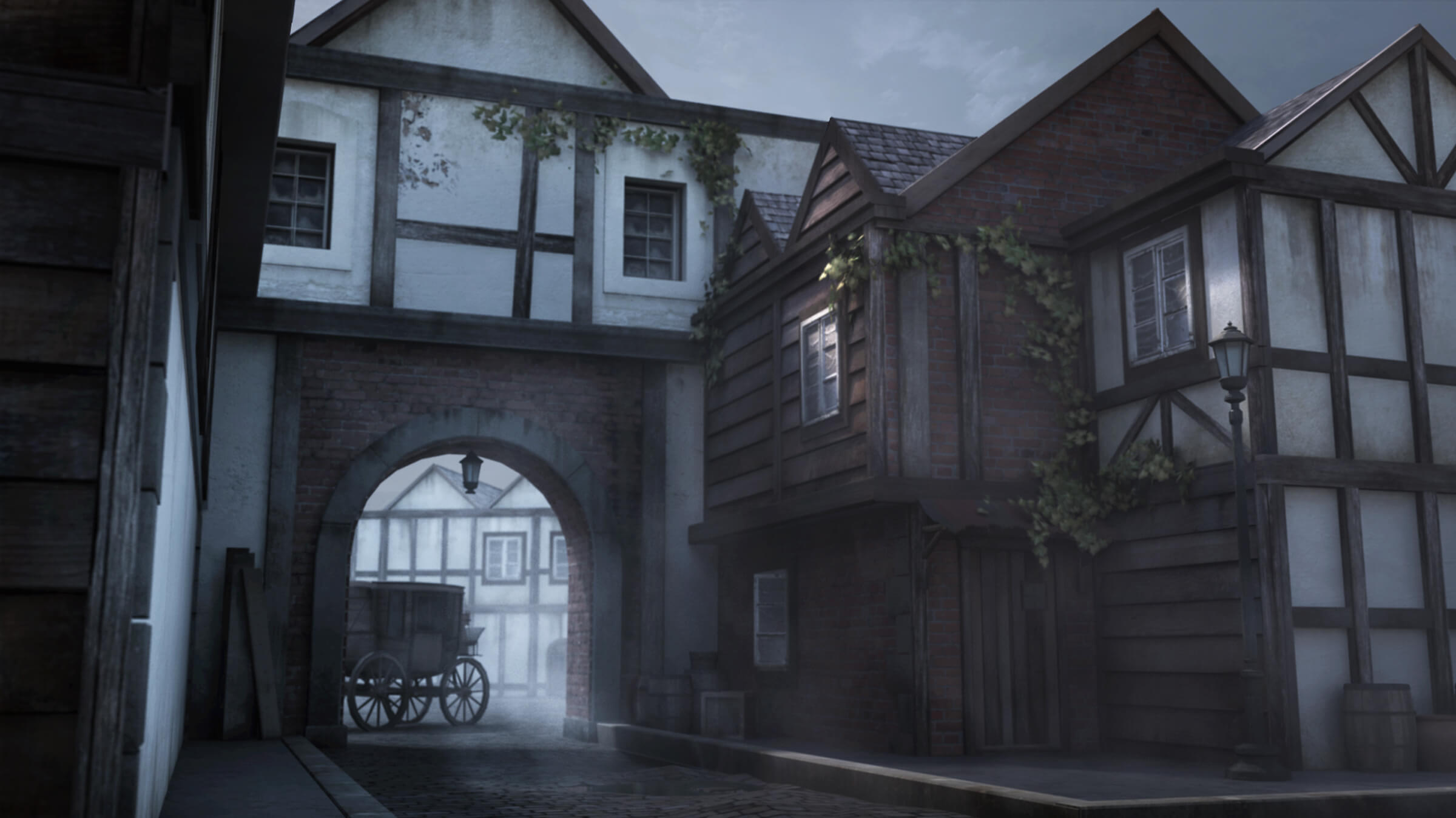 computer-generated 3D environment with darkened tudor-style buildings and a carriage